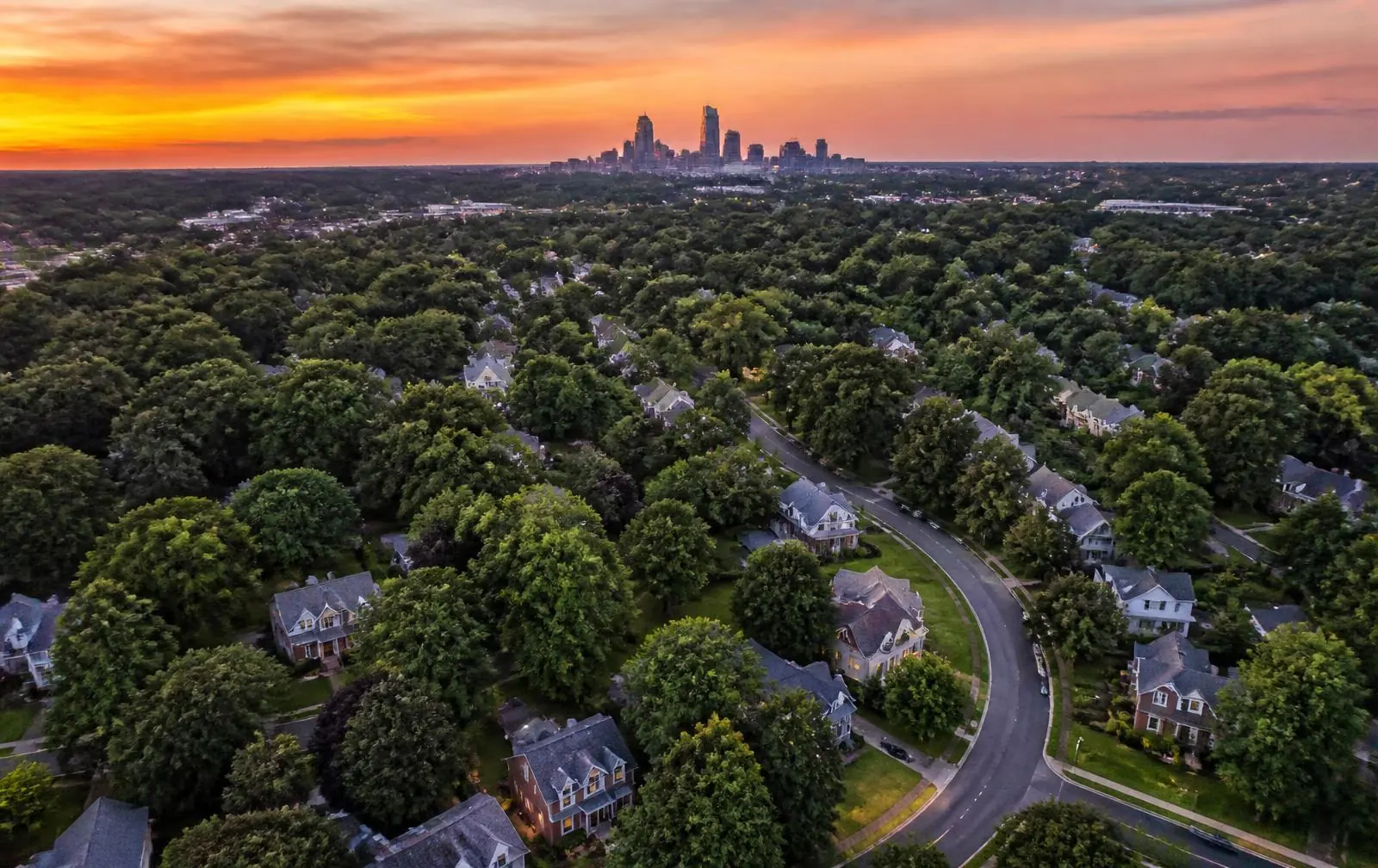 Aerial view of the tree-covered streets and rooftops of Sharon Woods, Charlotte