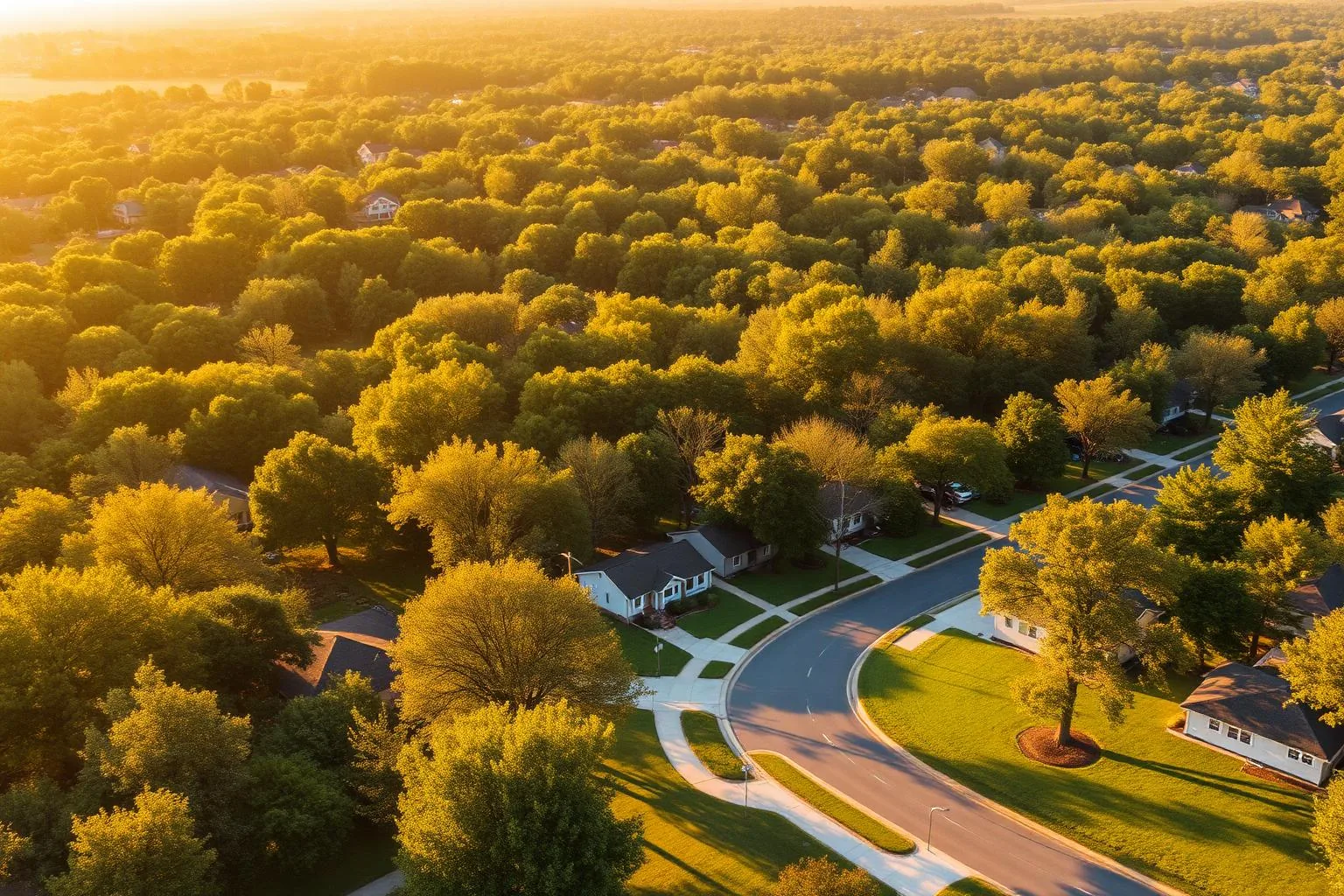 Aerial view of tree-covered post-war streets in south Charlotte near Sharon Woods