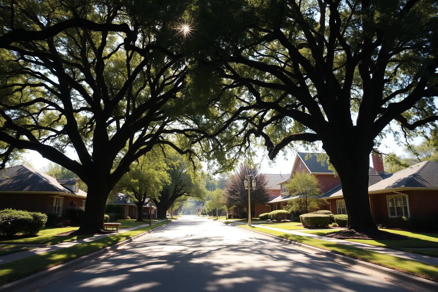 A canopied residential street in south Charlotte between Sharon Woods and Quail Hollow