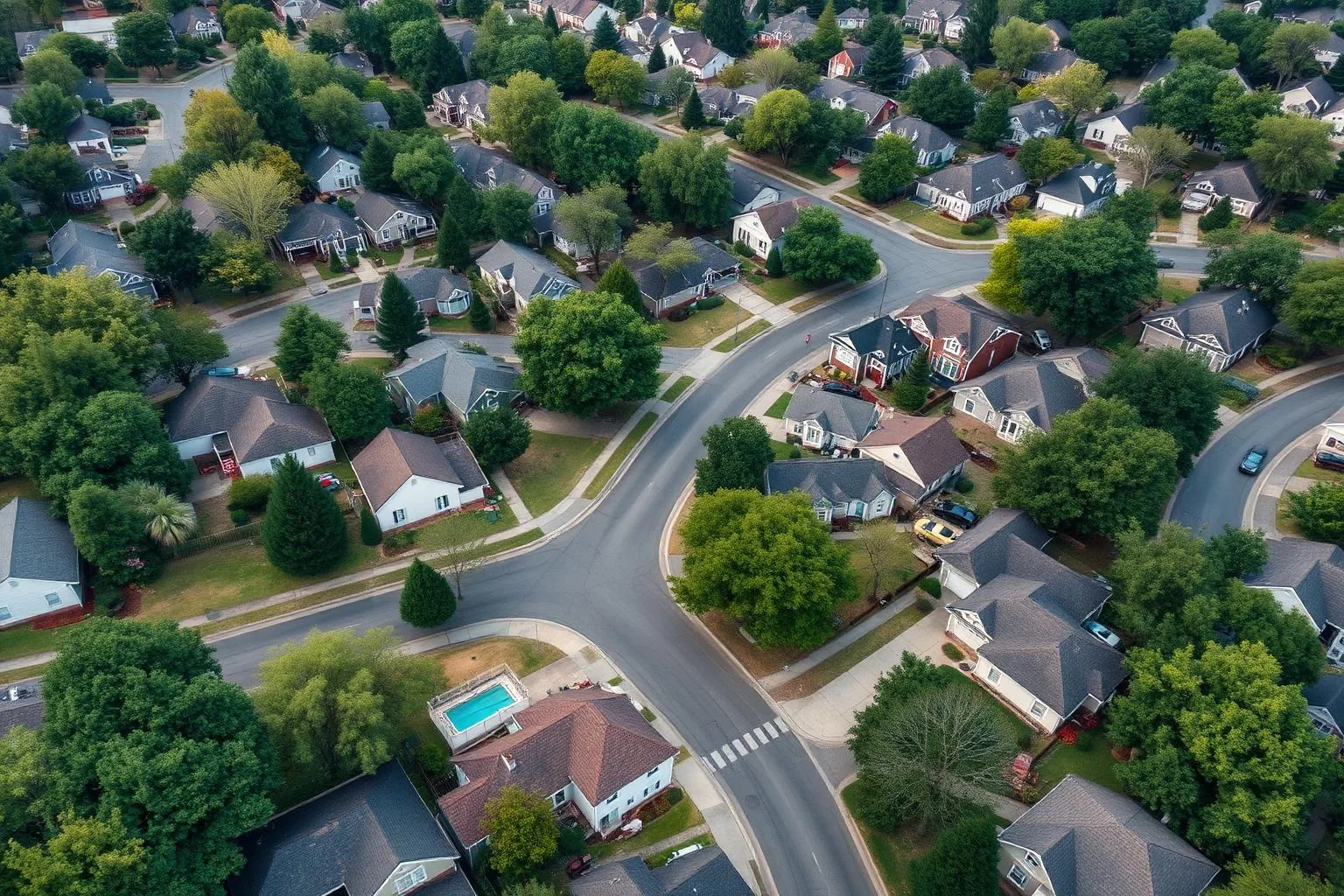 Aerial view of established south Charlotte residential streets near Montclaire