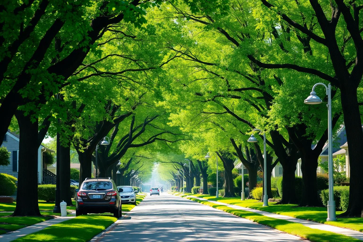 Oak canopy over an established Charlotte residential street