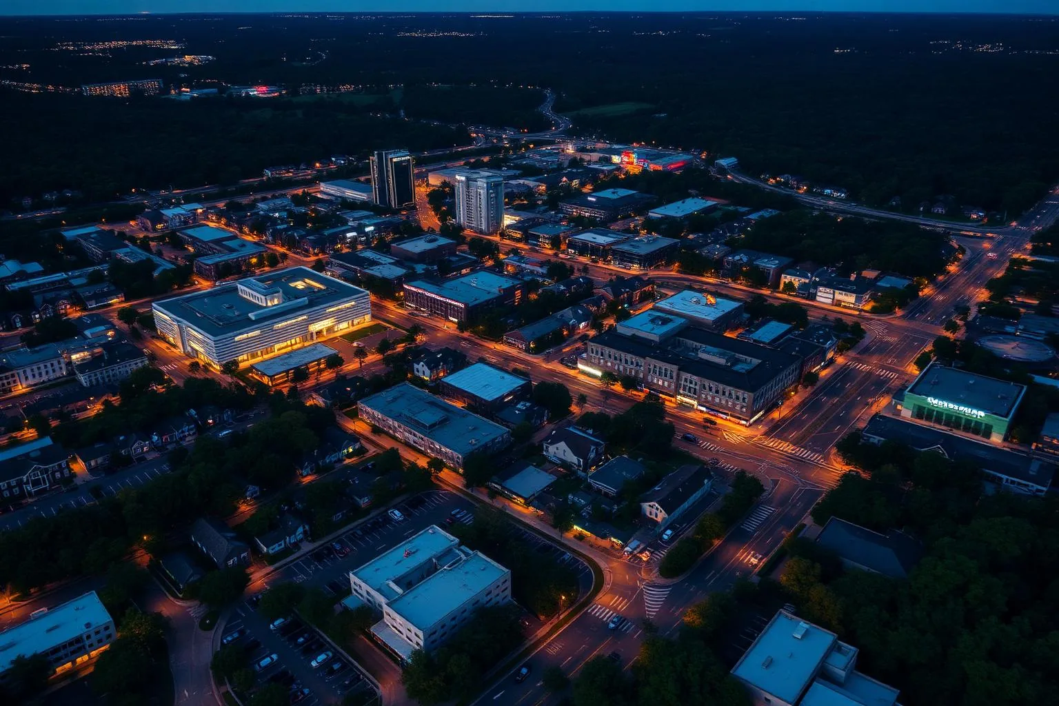 The SouthPark commercial district at dusk, near Barclay Downs in Charlotte