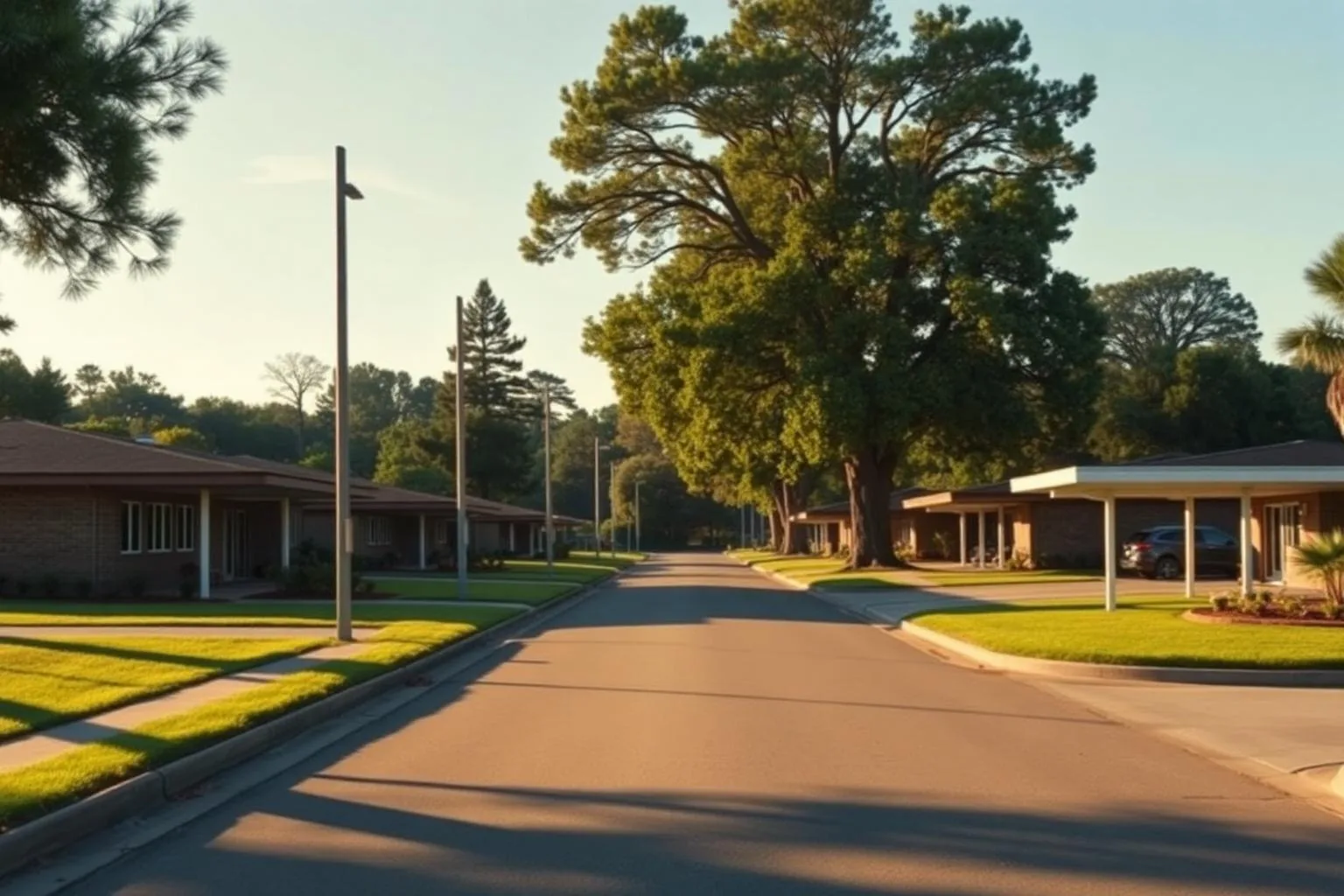 A mid-century ranch street under mature trees in south Charlotte