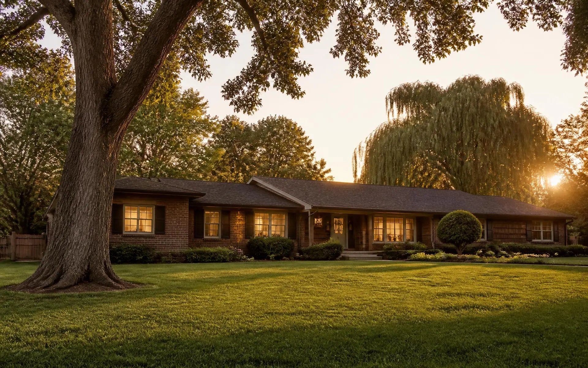 Late afternoon light on a brick ranch home beneath mature hardwoods in Sharon Woods, Charlotte, North Carolina