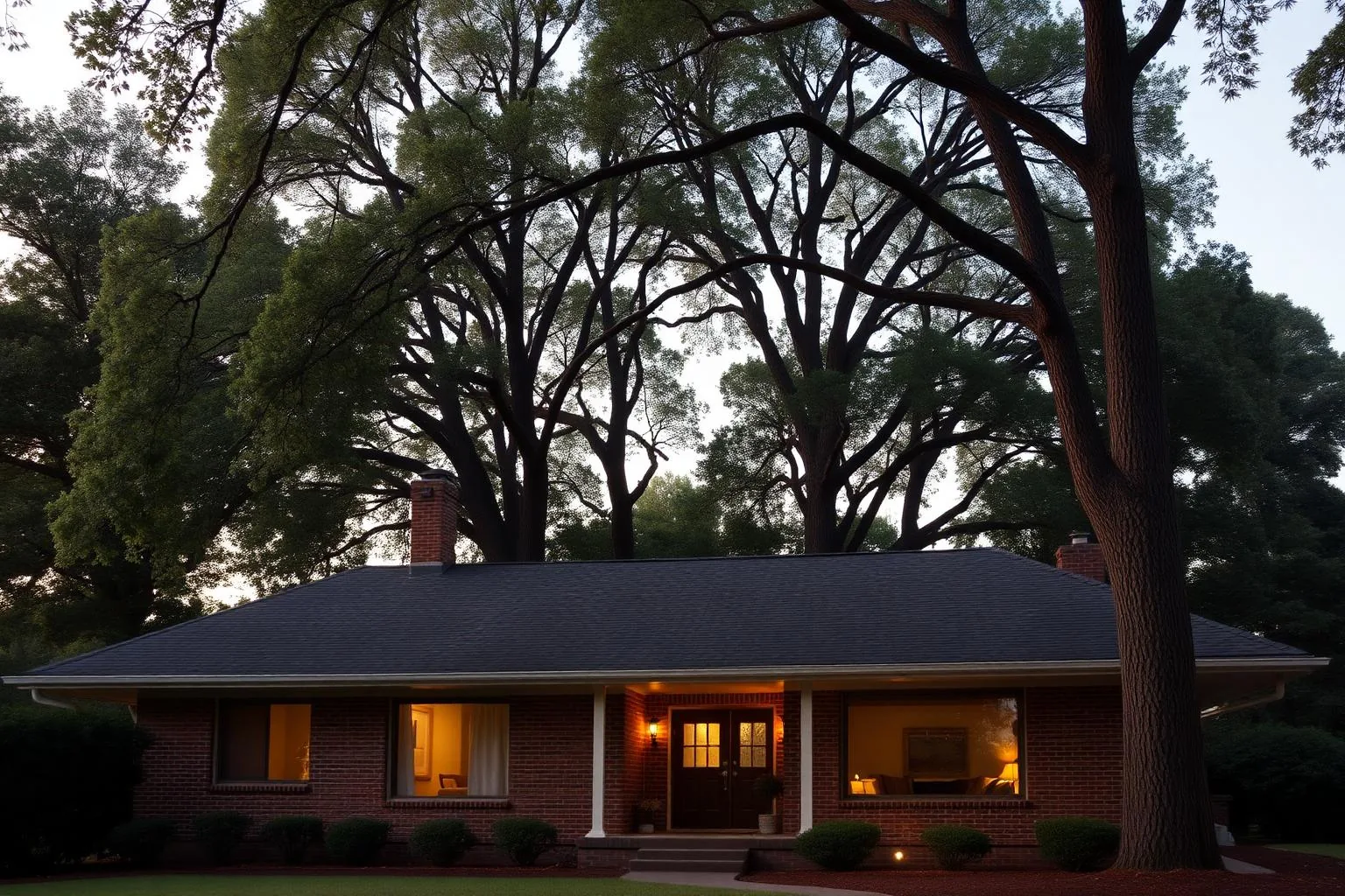 A mid-century brick ranch home beneath mature hardwoods in Sharon Woods, Charlotte