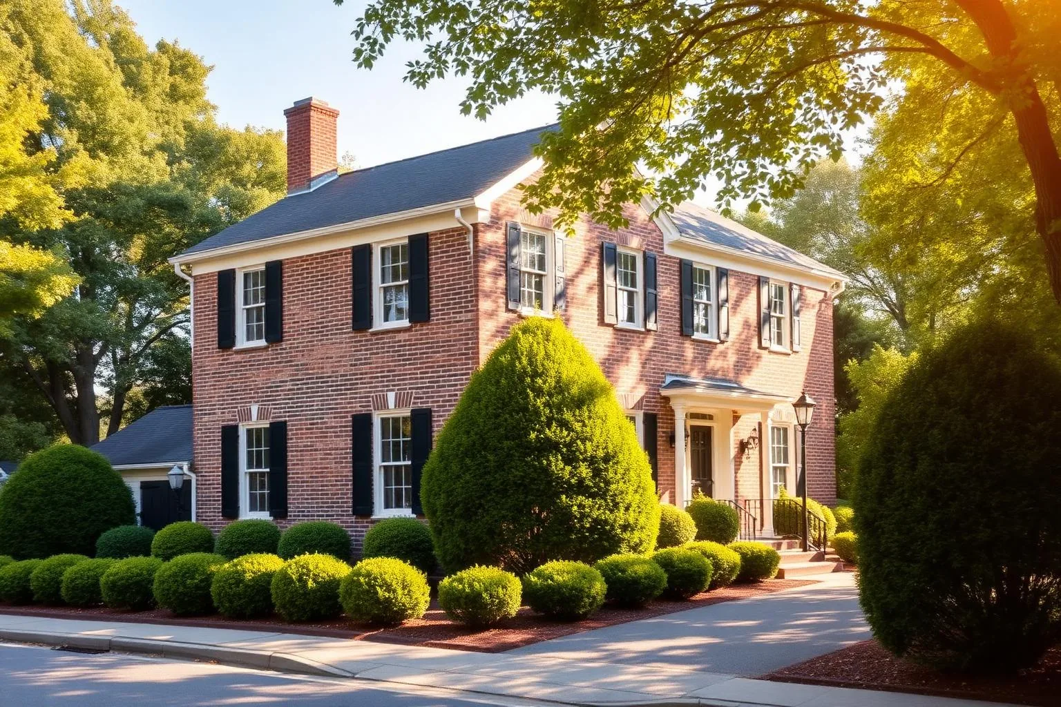 A two-story traditional home on a canopied Sharon Woods street