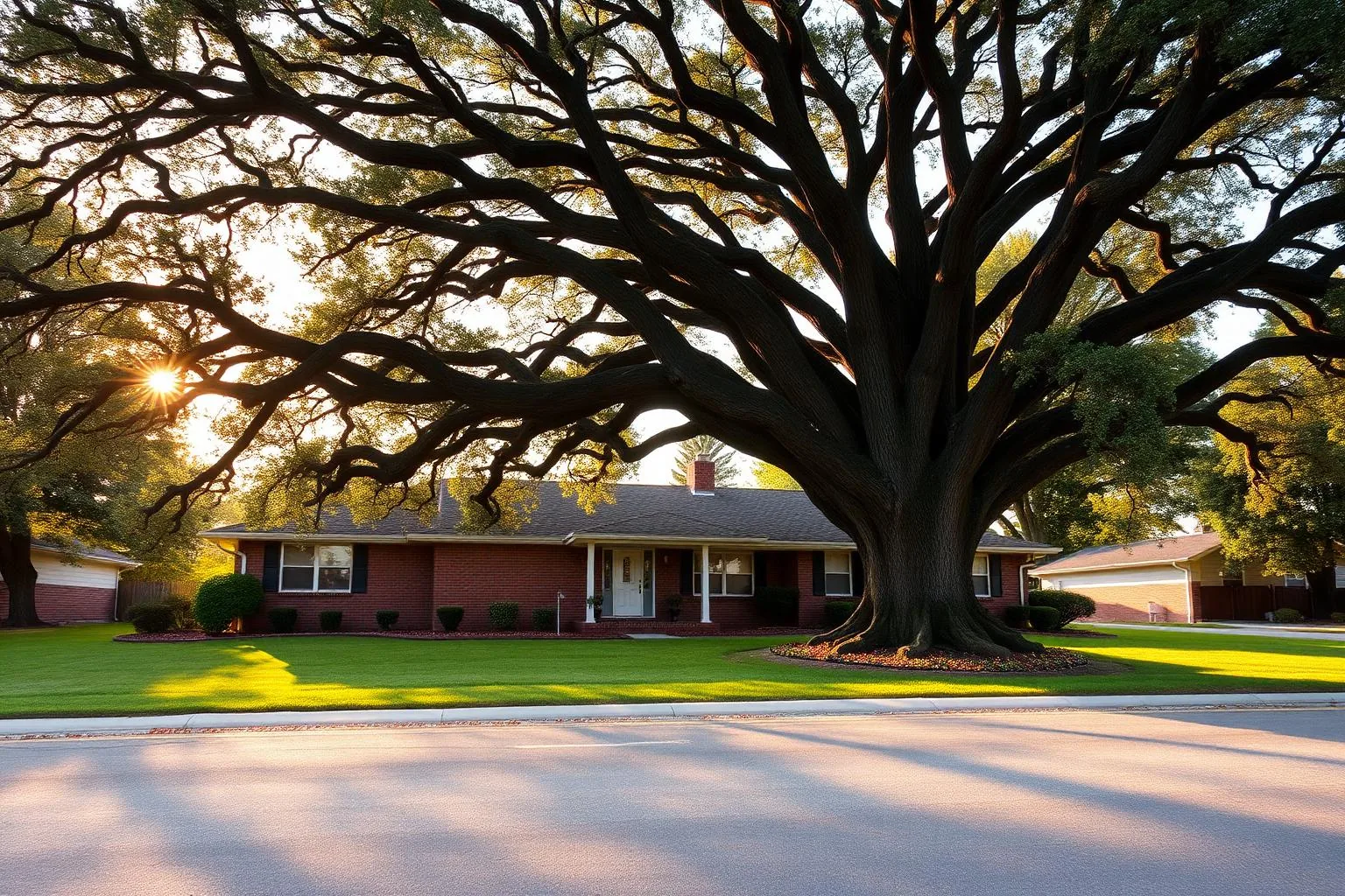 A brick home beneath mature oaks on a Sharon Woods street in Charlotte, North Carolina