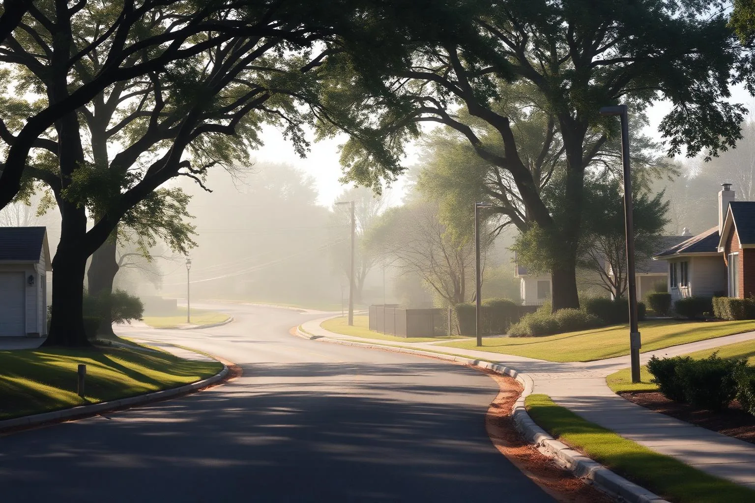 An oak-canopied residential street in Sharon Woods, Charlotte