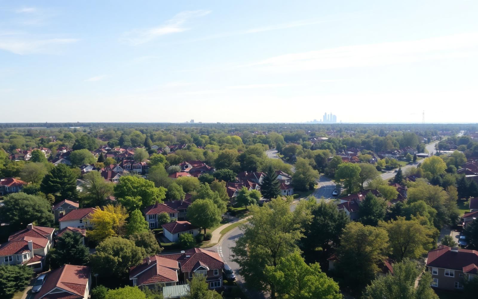 Aerial view of tree-covered south Charlotte neighborhoods with the city skyline in the distance