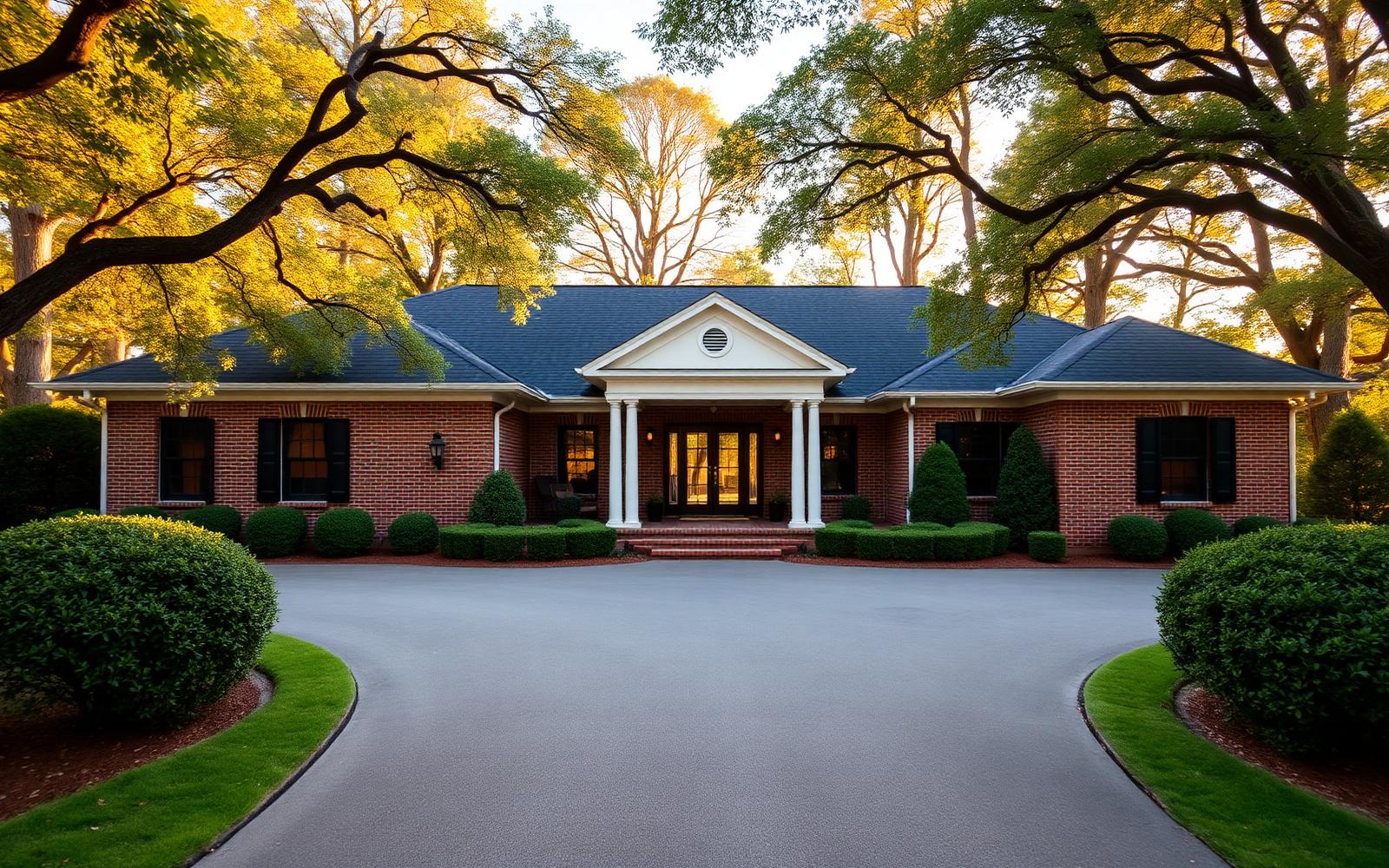 A renovated brick ranch home with black windows and boxwood hedges under oaks at golden hour