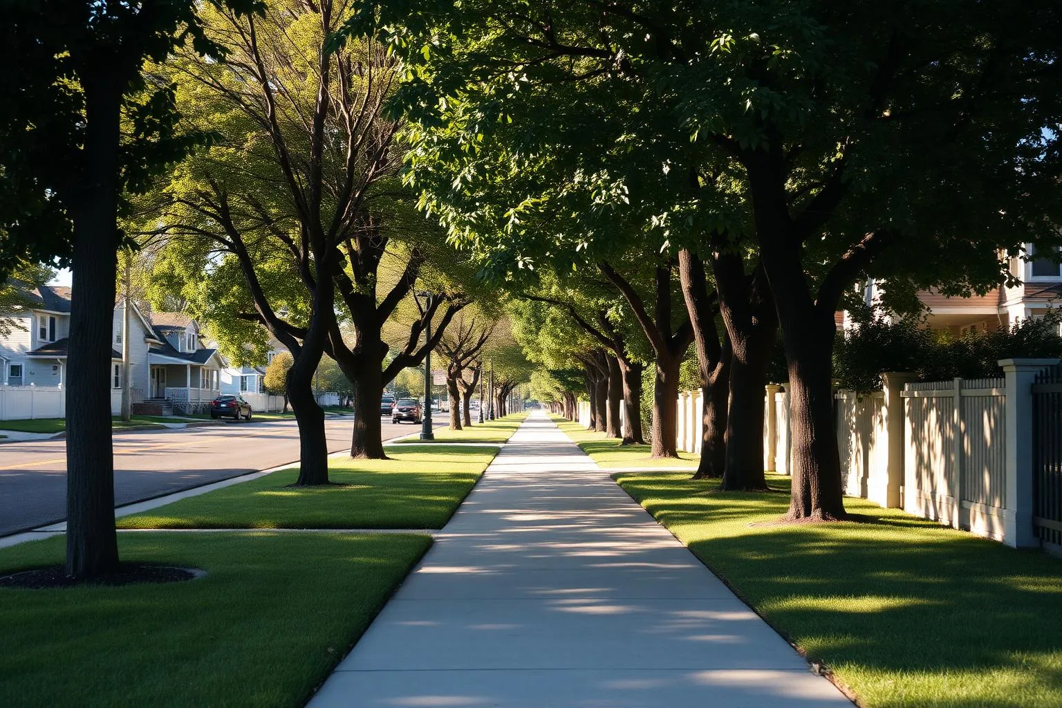 A shaded sidewalk under mature trees in Sharon Woods, Charlotte