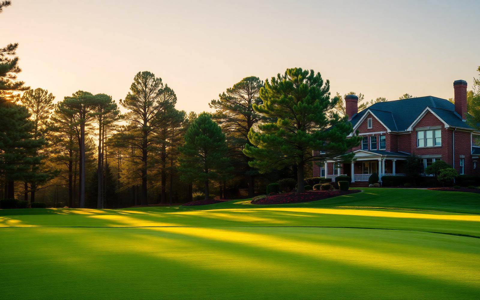 Golden hour light across a manicured fairway beside a brick estate home in Quail Hollow, Charlotte