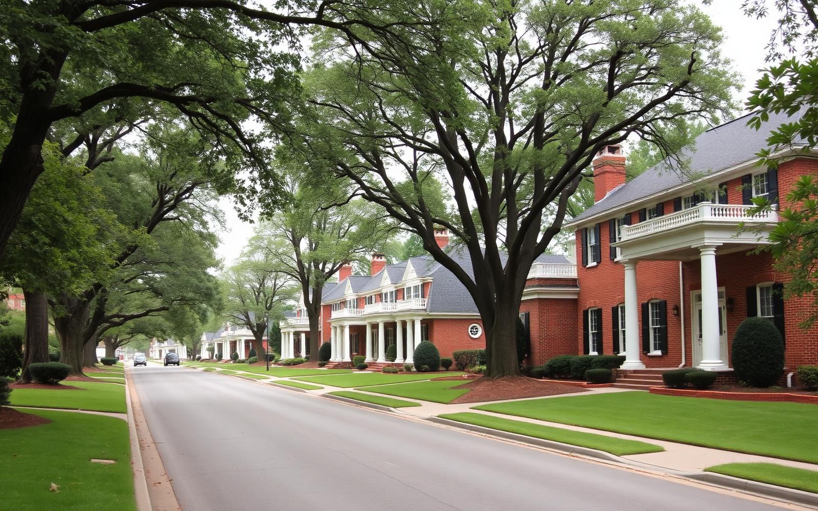 A street of large brick colonial homes with white columns and deep lawns in Foxcroft, Charlotte