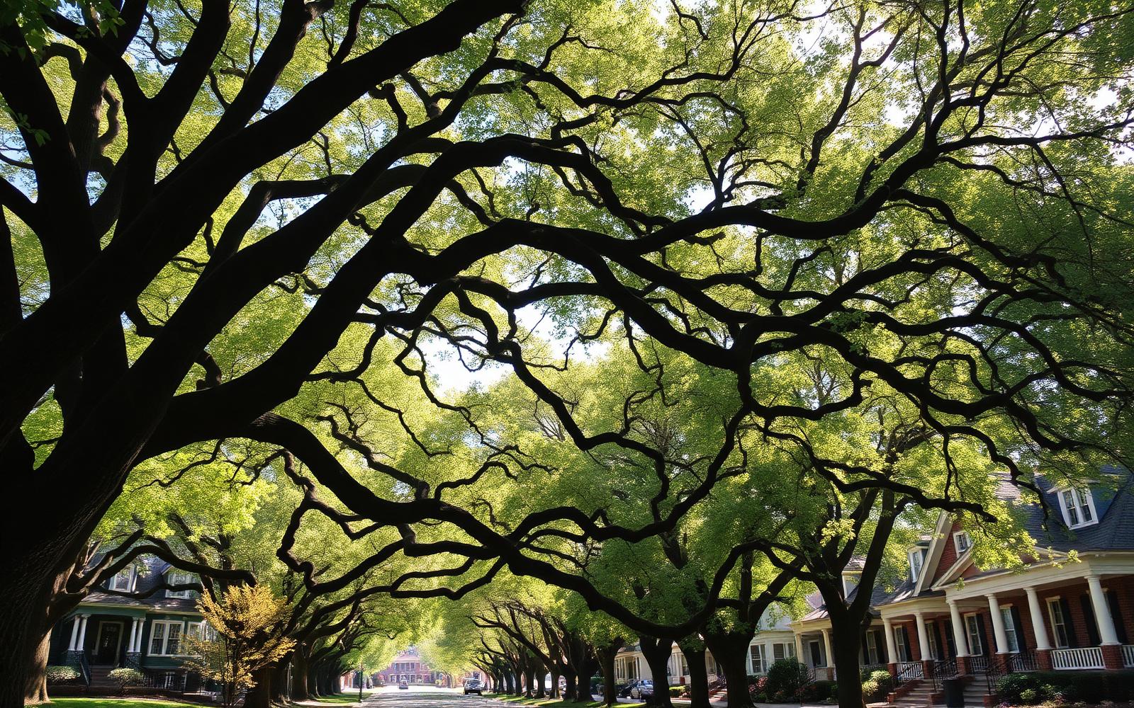 Willow oaks arching over a boulevard of historic homes in Myers Park, Charlotte