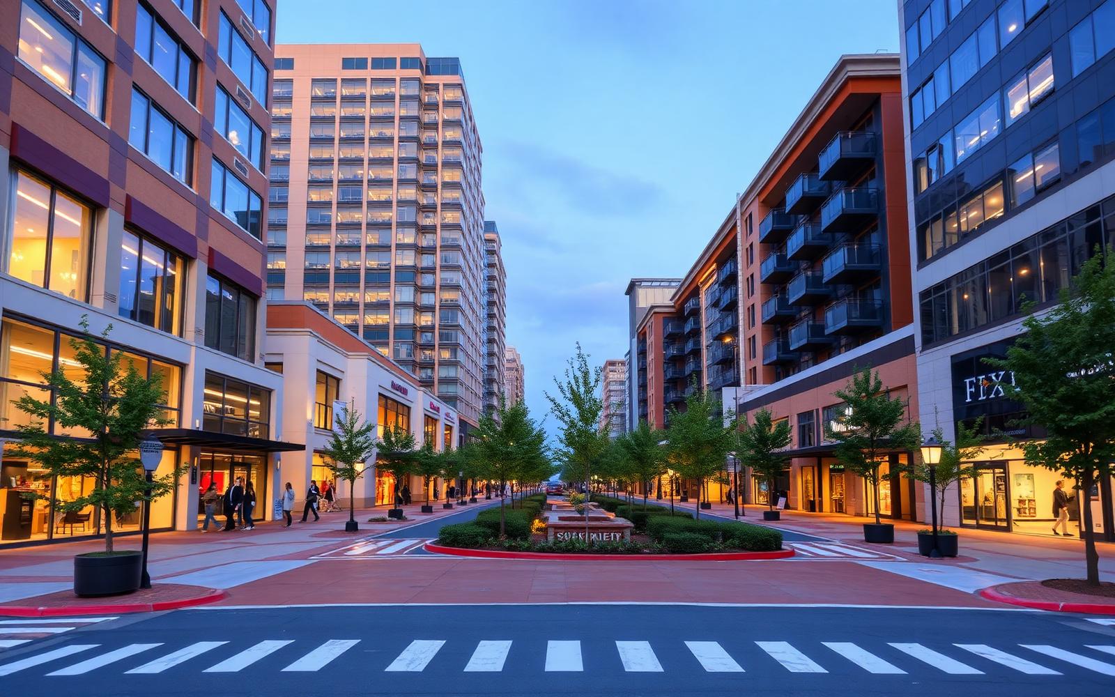 Evening light on midrise retail and residential buildings in the SouthPark district of Charlotte