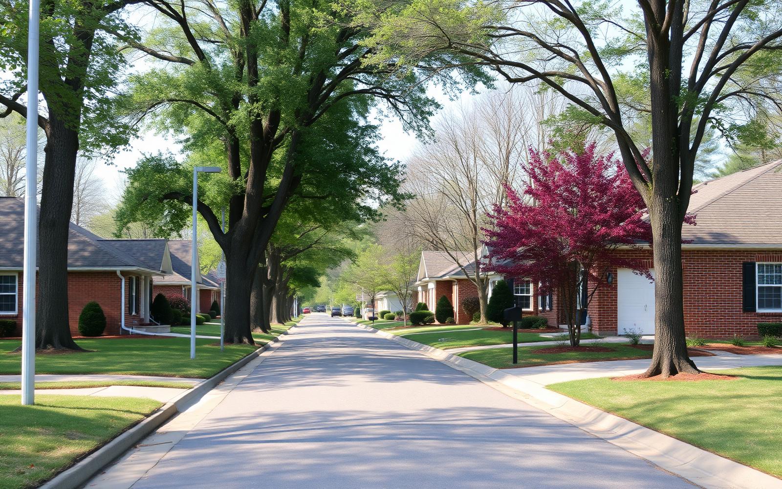 A quiet street of brick ranch homes under mature trees in Beverly Woods, Charlotte