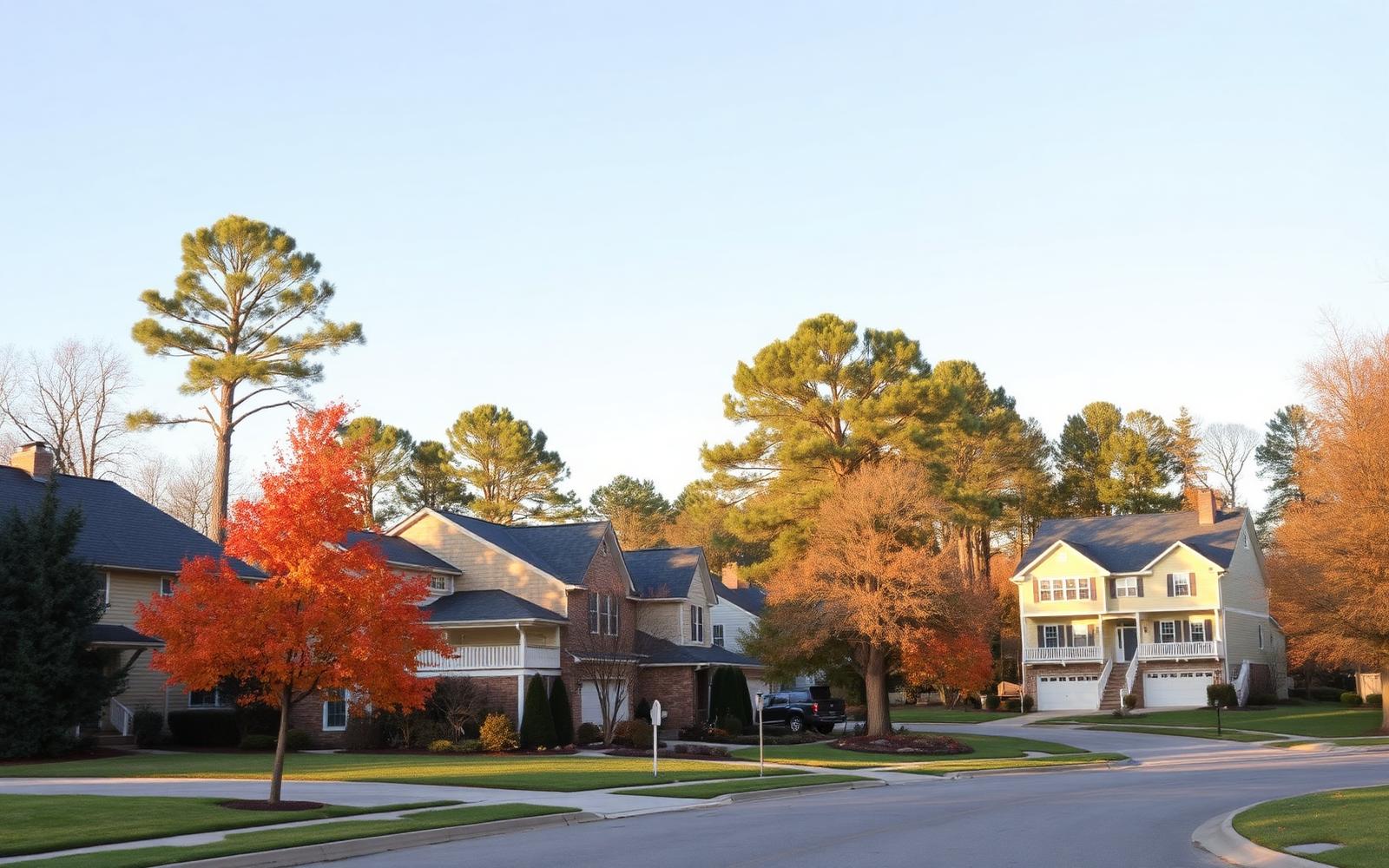 Traditional two-story homes on a curving street with autumn color in Olde Providence, Charlotte