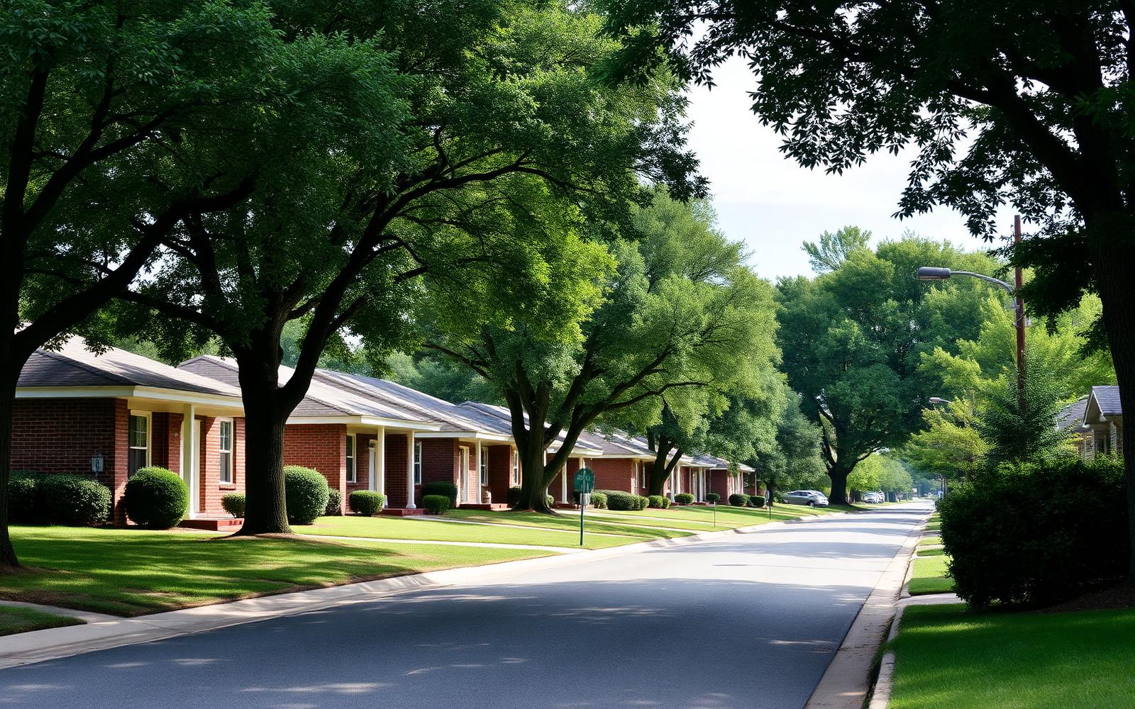 Brick ranch homes along a shaded street in the Montclaire area of south Charlotte