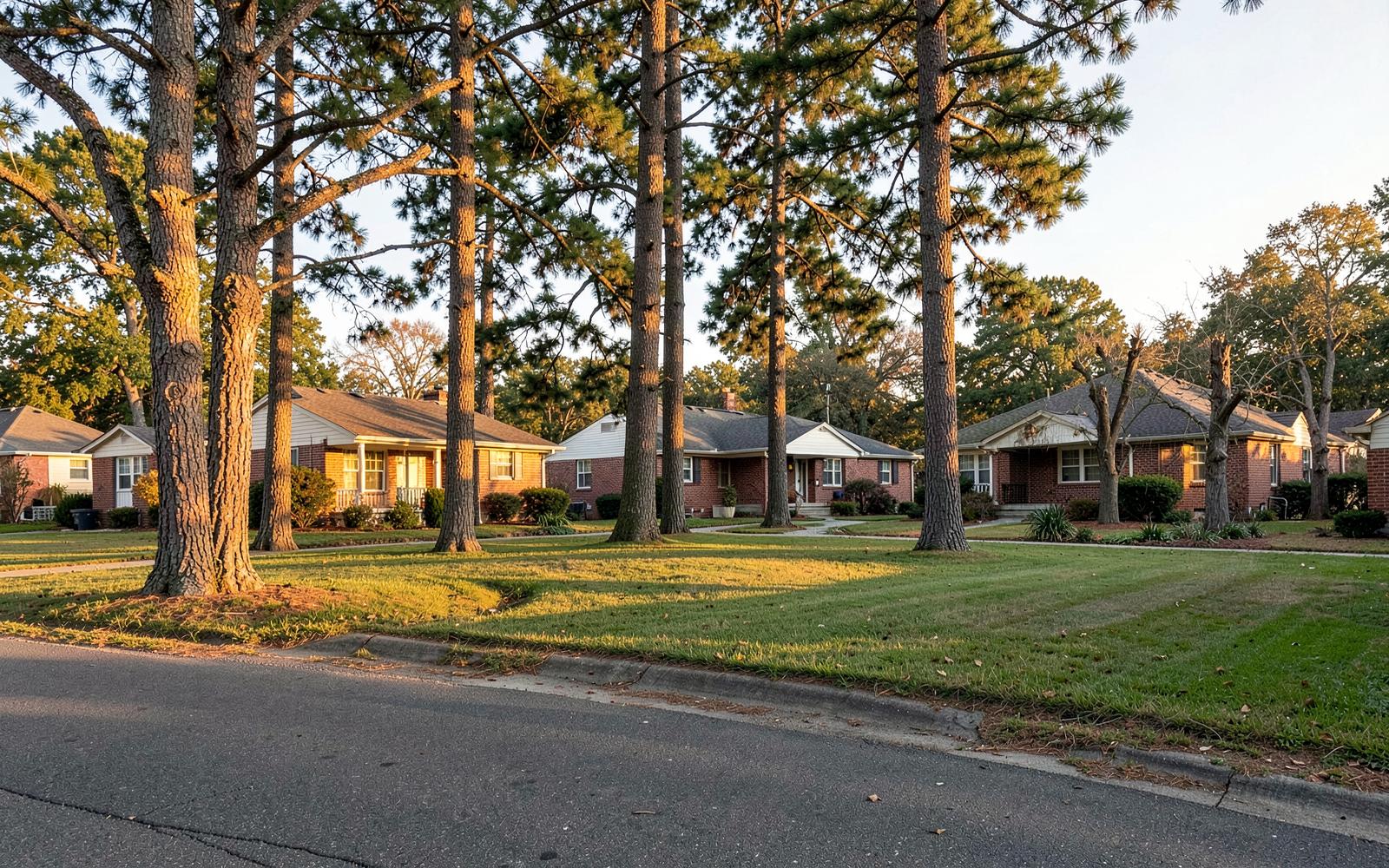 Late afternoon light on brick ranch homes beneath tall pines on a quiet Cameron Woods street in south Charlotte