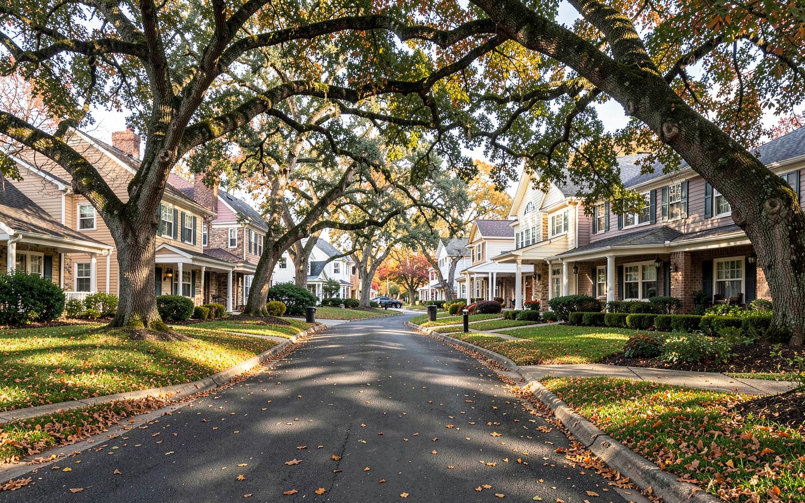 Morning light through a mature oak canopy over two-story traditional homes on a curving Autumnwood street in Charlotte