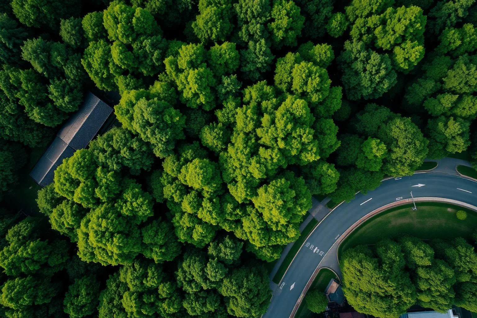 Aerial view of the tree-covered streets and rooftops of Sharon Woods, Charlotte