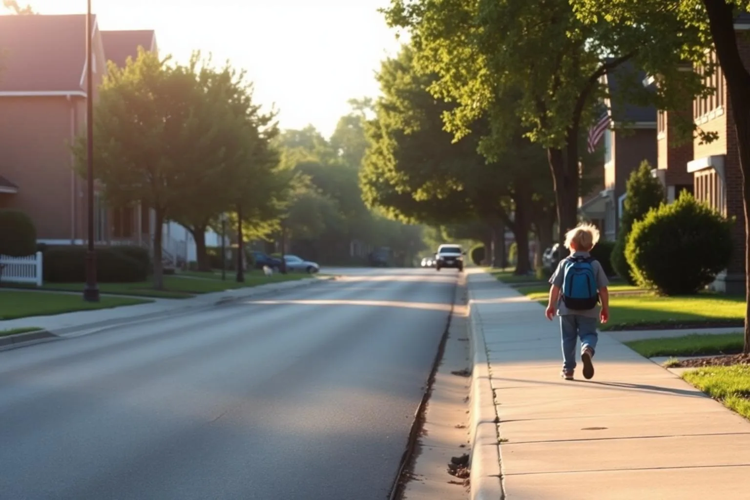 A quiet canopied street in Sharon Woods on a school morning