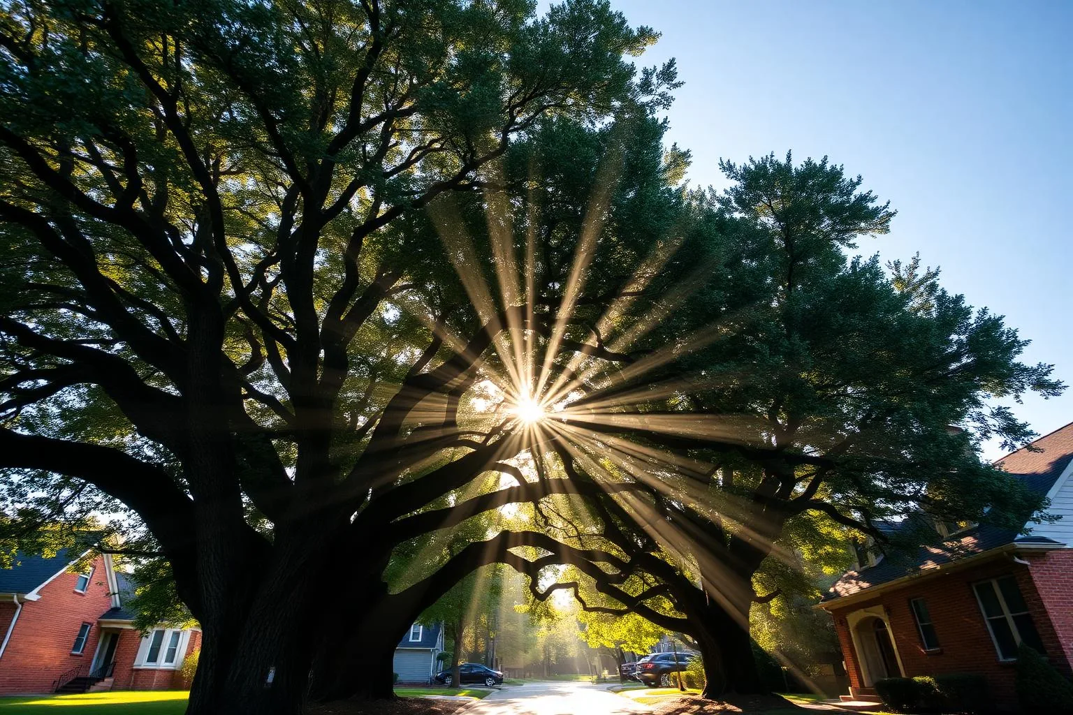 Mature hardwood canopy over a Sharon Woods street in Charlotte