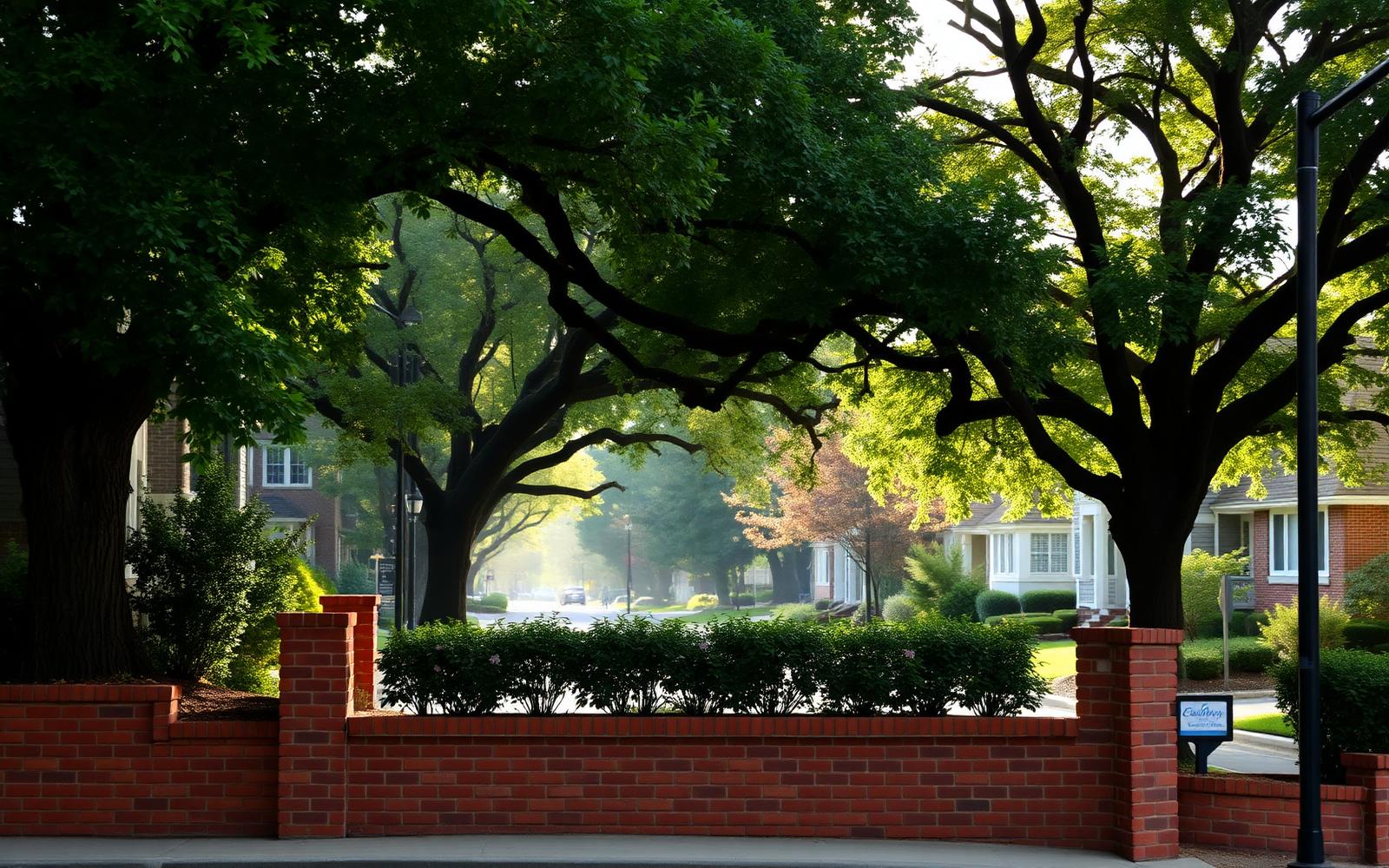Brick entry wall and oak canopy at the edge of a south Charlotte residential neighborhood