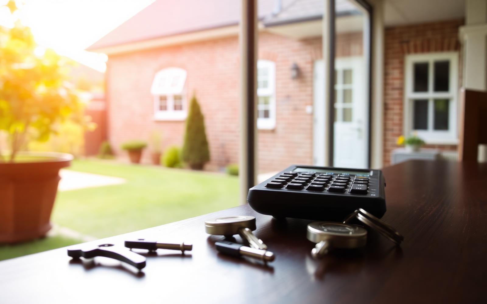 House keys and a calculator on a dark wood table beside a sunlit window