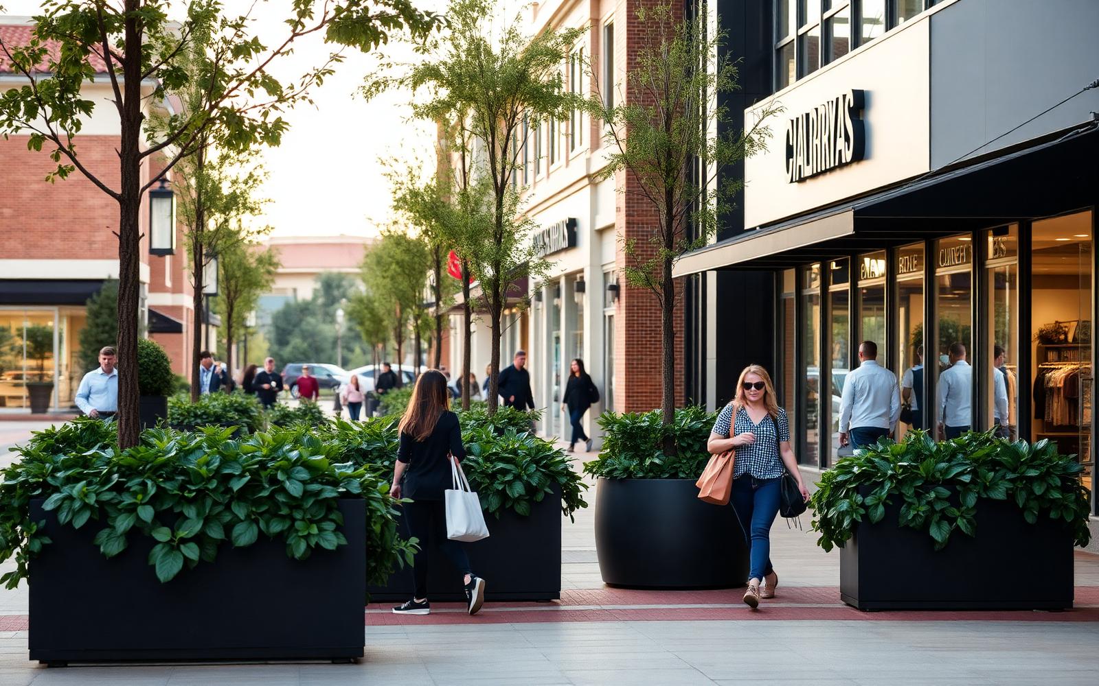 Shoppers walking past planters at an upscale suburban shopping plaza in Charlotte