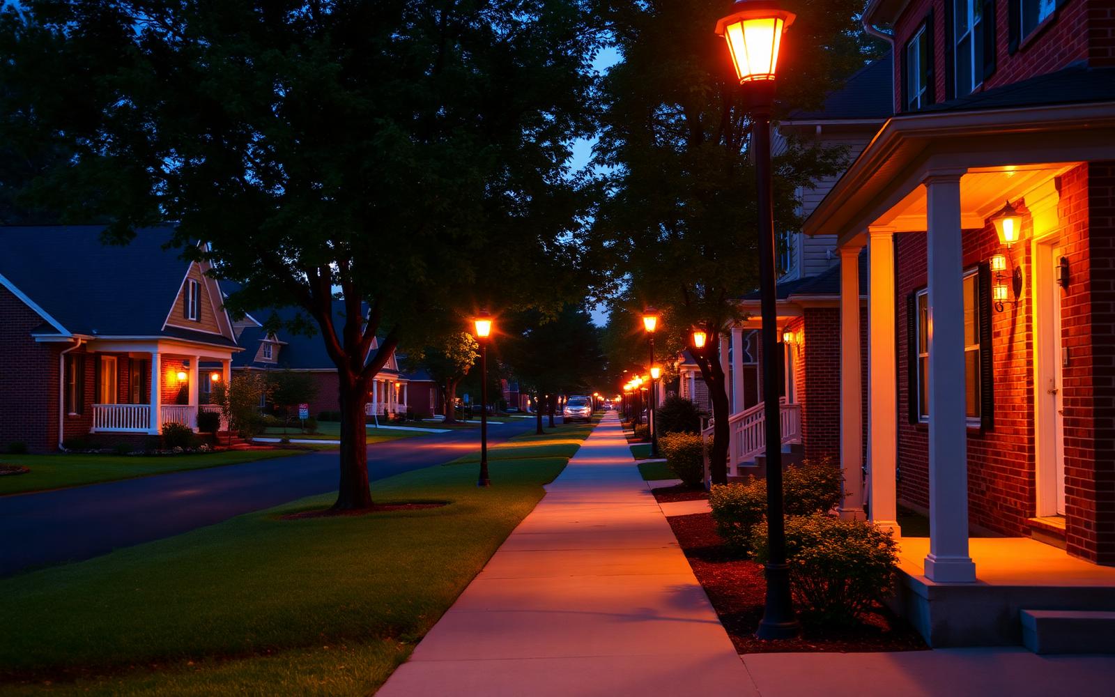 A quiet residential street at dusk with porch lights on brick homes