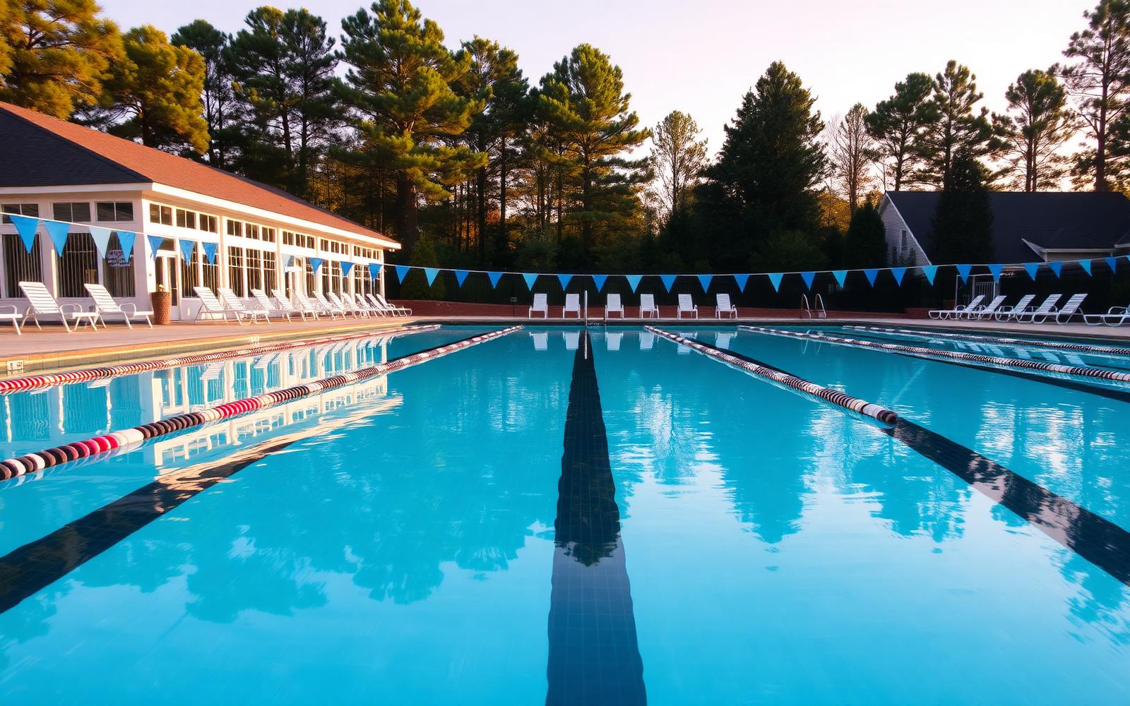 A neighborhood swim club pool with lane lines and deck chairs on a summer morning