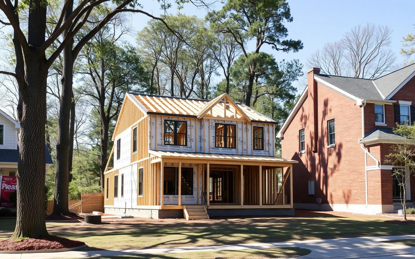 A newly framed custom home on an infill lot between mature trees and older brick houses