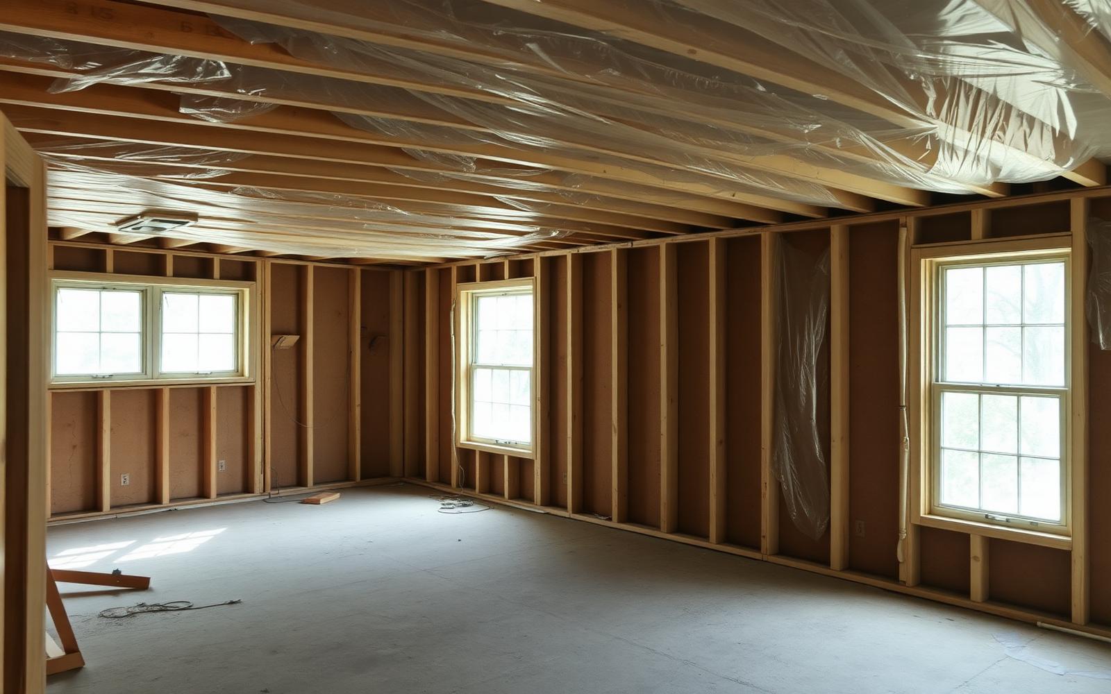 A gutted mid-century interior mid-renovation with new framing and exposed joists