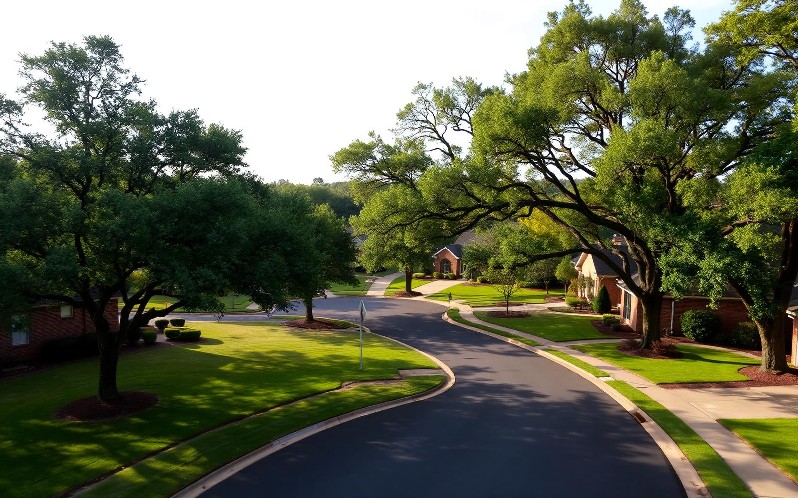 Aerial view of a quiet cul-de-sac with deep lawns and oak canopy in south Charlotte