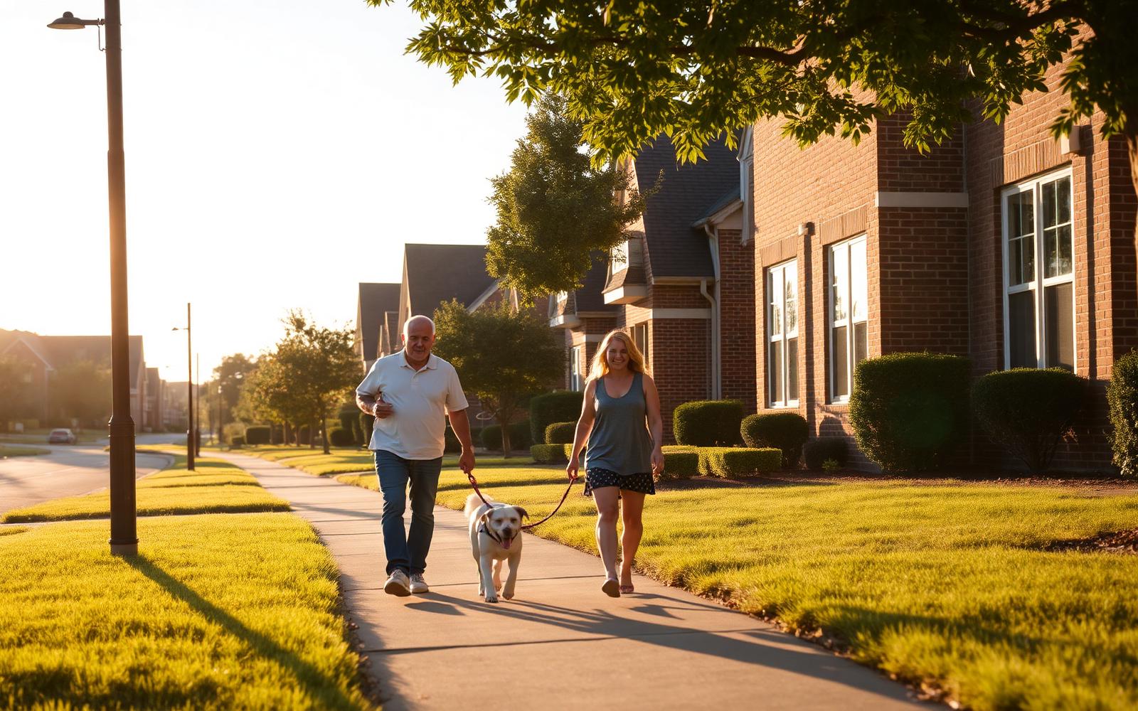 A couple walking a dog along a sunlit neighborhood sidewalk past brick homes