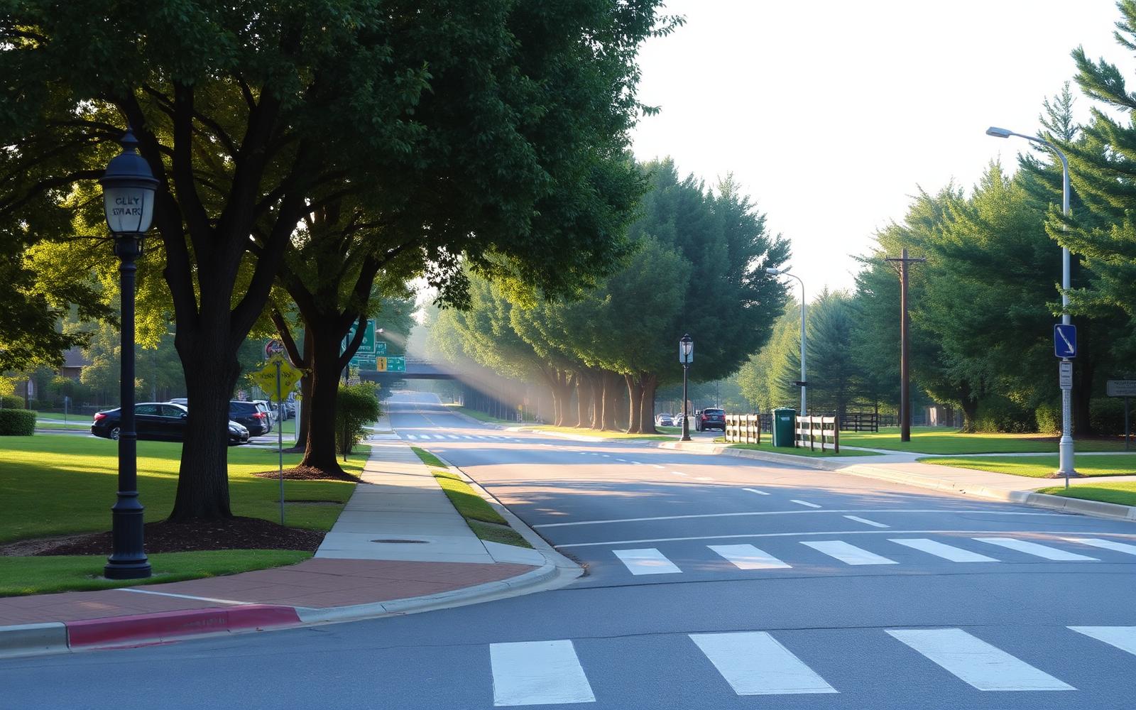 A crosswalk and sidewalk along a tree-lined suburban road with a greenway entrance