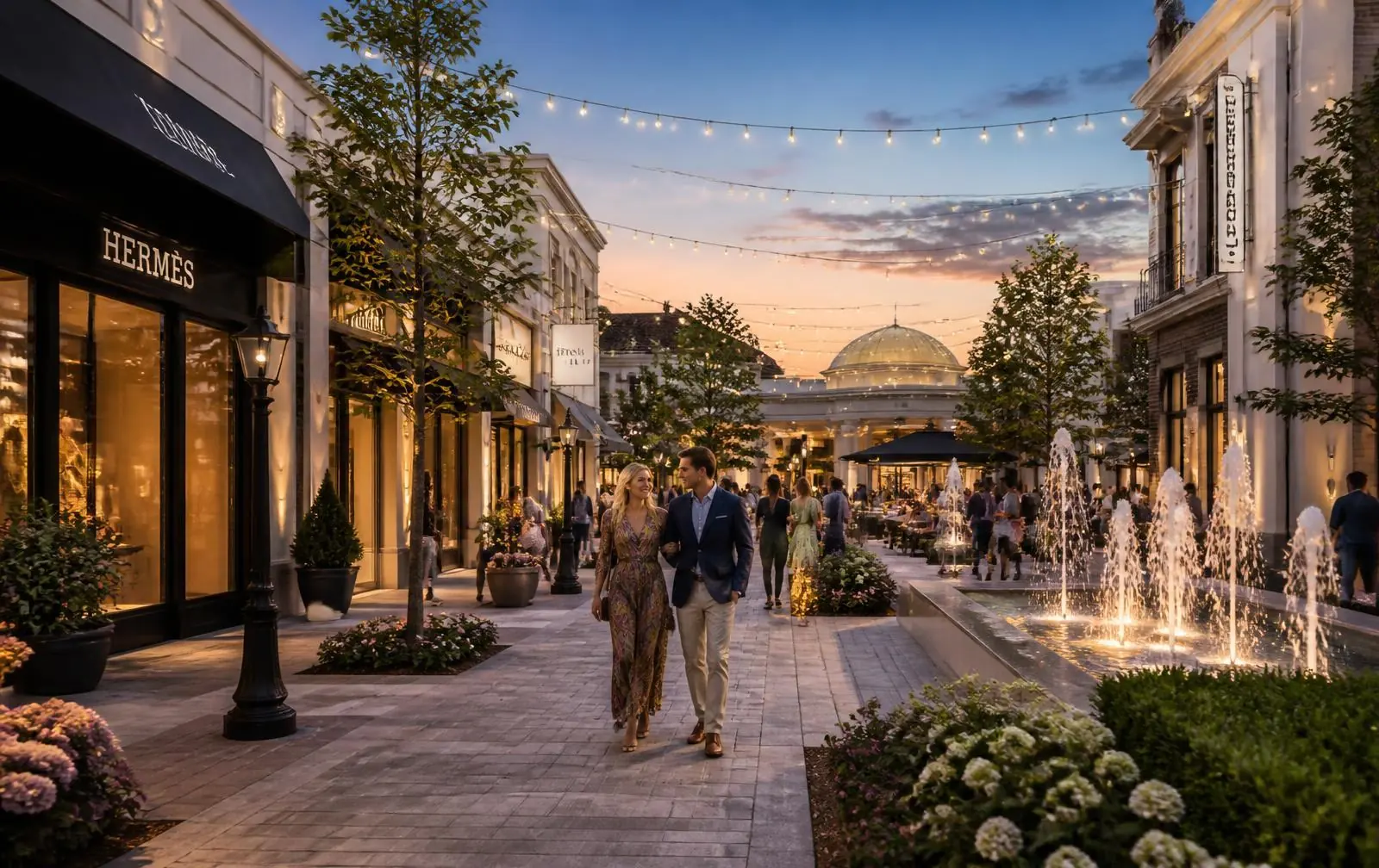 Evening at the SouthPark shopping district near Sharon Woods, Charlotte