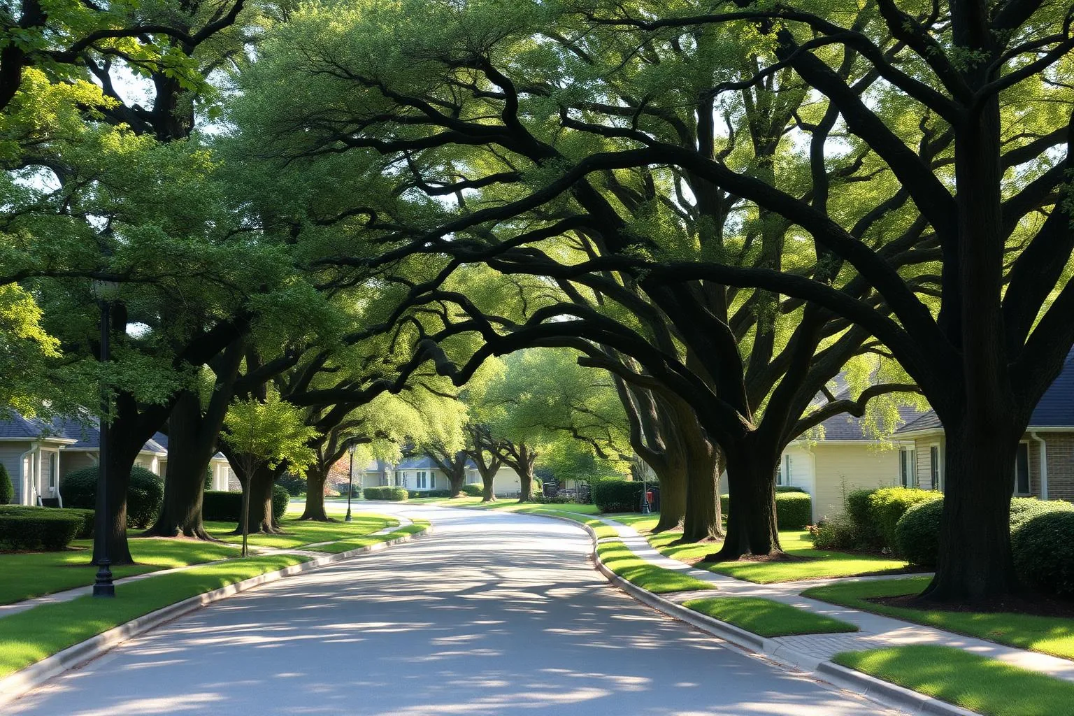 A curving, canopy-covered interior street in Sharon Woods, Charlotte