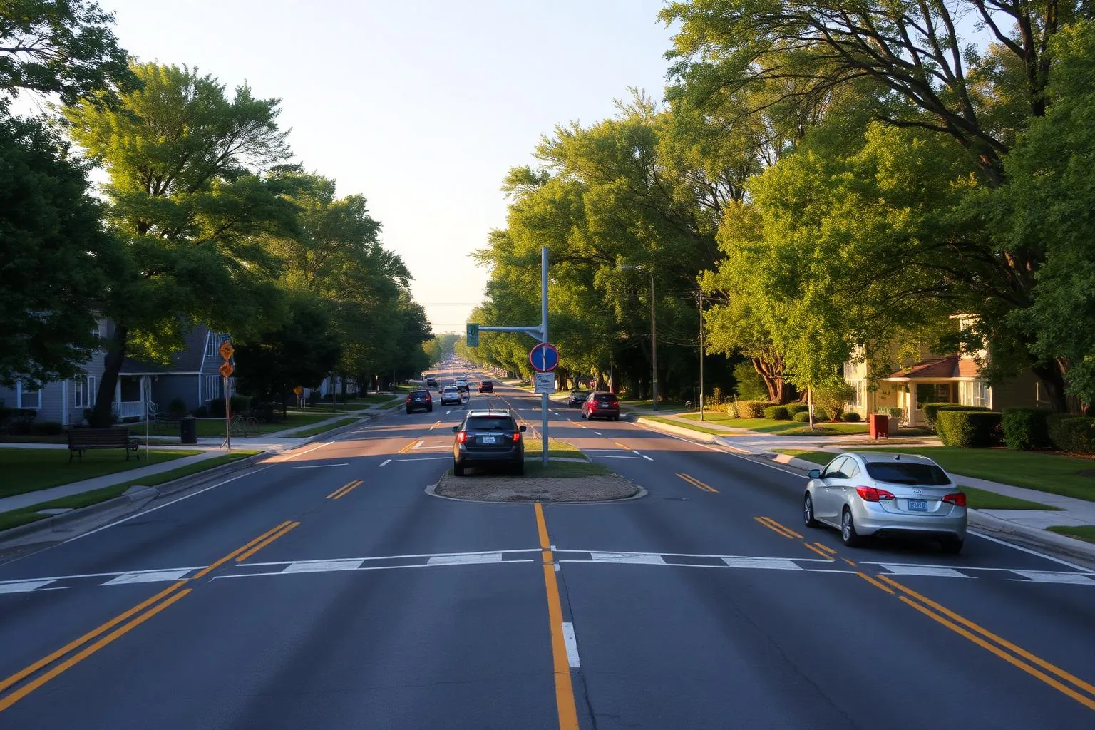 A wider connector street carrying traffic through Sharon Woods, Charlotte