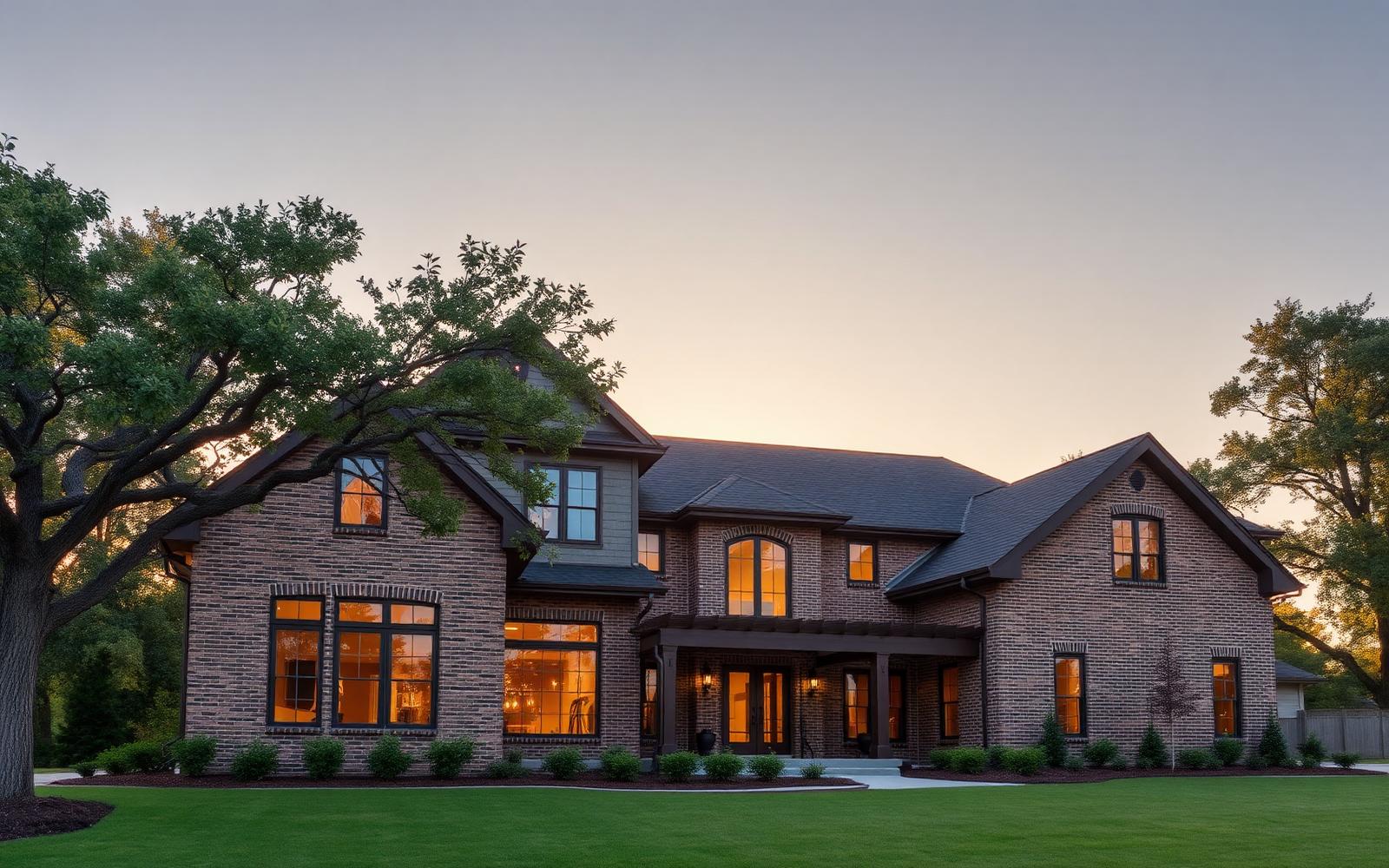 A luxury custom home under construction in Charlotte with brick facade and framing visible at golden hour
