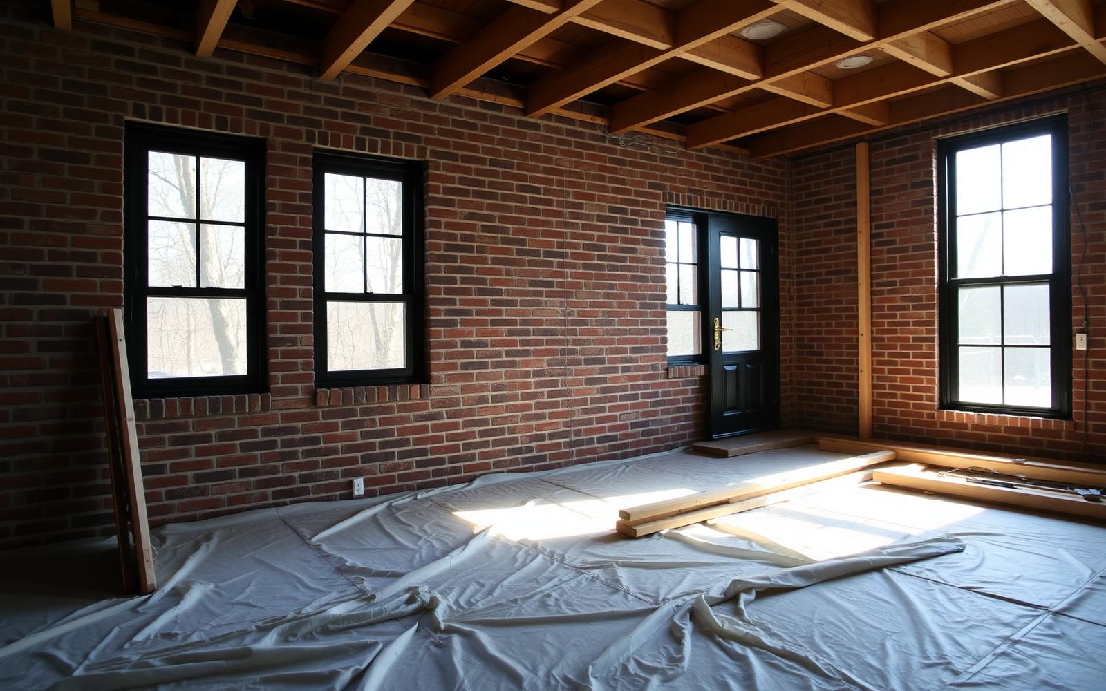 Interior of a mid-century brick ranch mid-renovation with new black windows and open framing