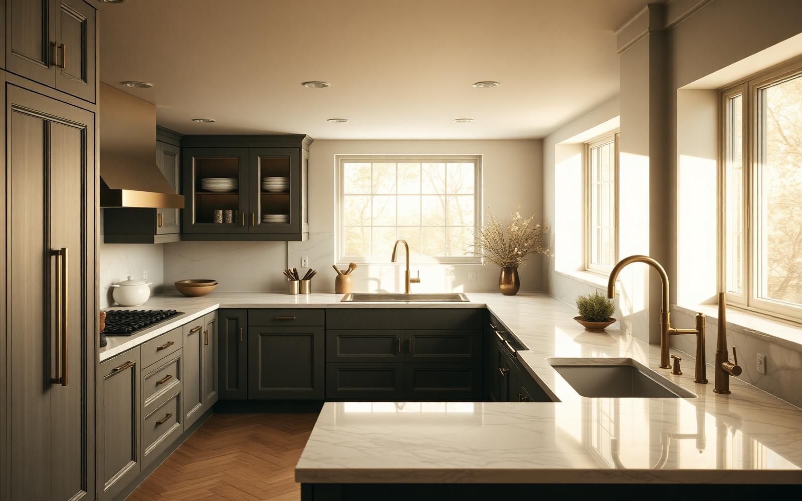 A renovated kitchen with inset cabinetry, marble counters, and unlacquered brass fixtures in warm morning light