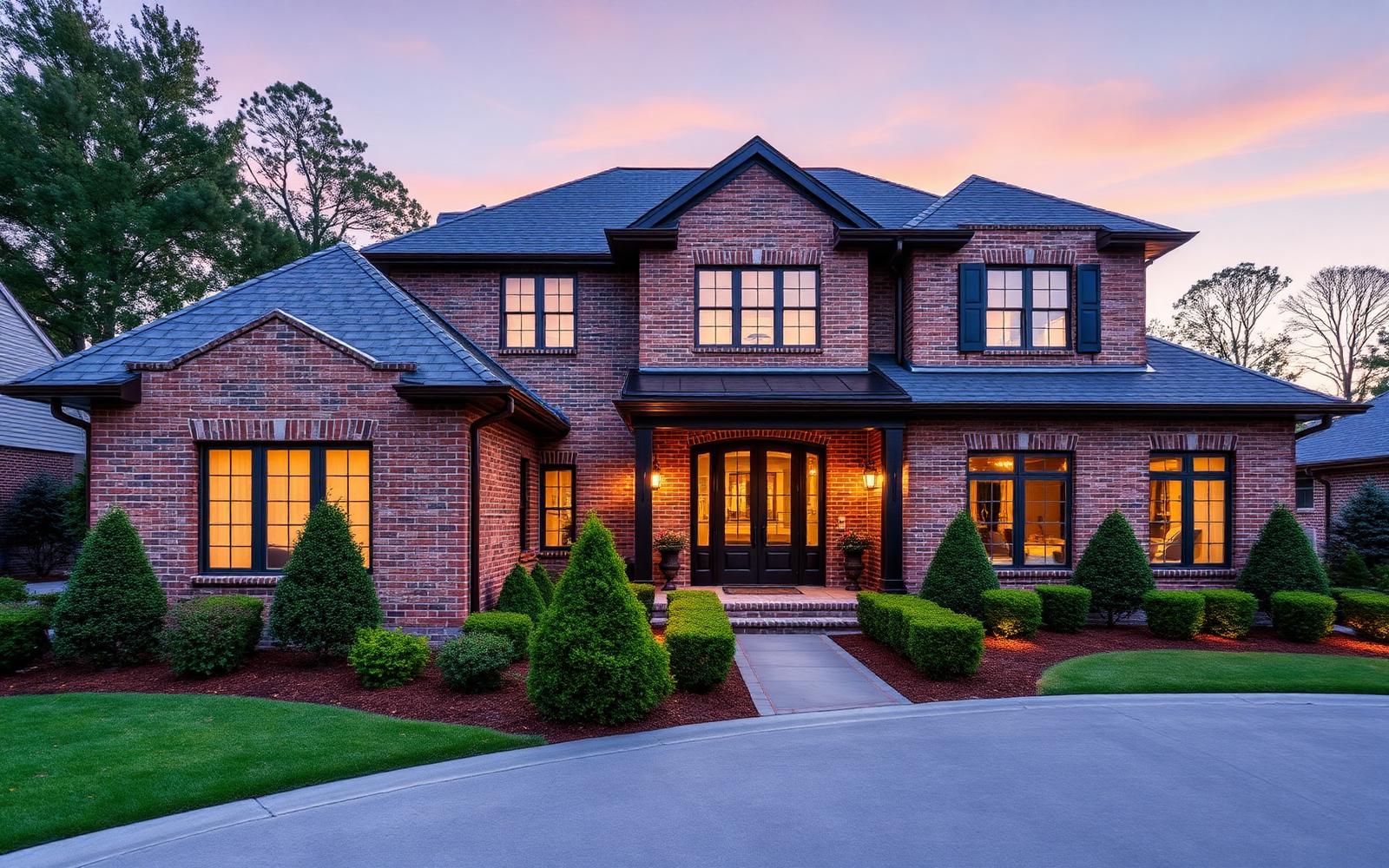 A stately new luxury brick and limestone home in south Charlotte at dusk with boxwood landscaping