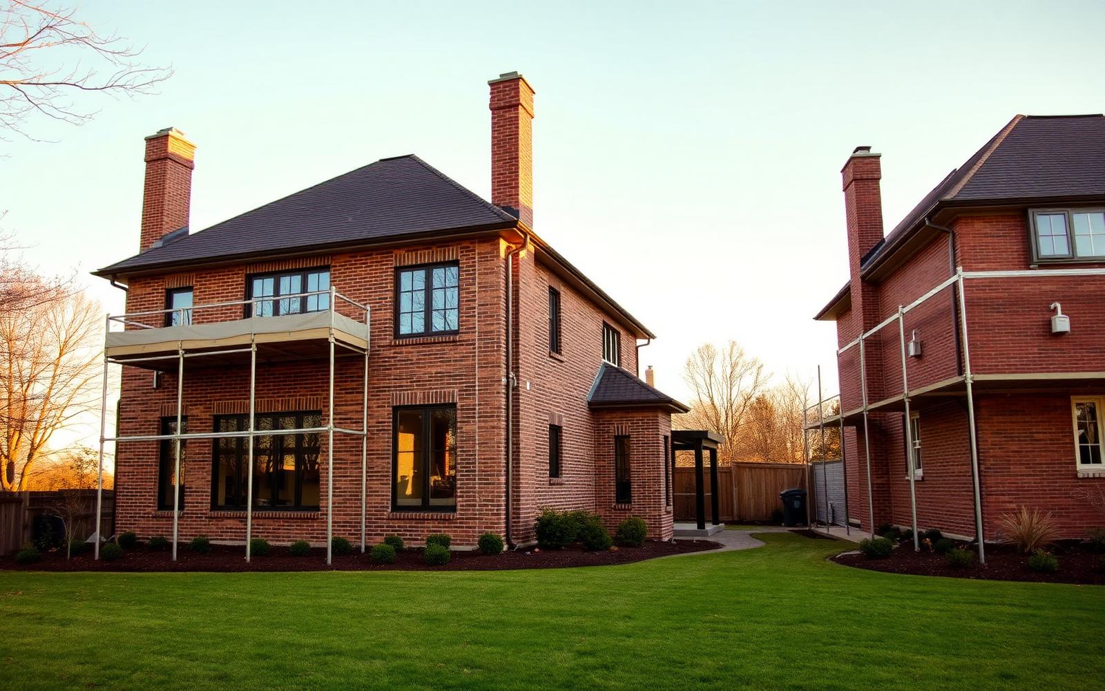 A two-story rear addition on a brick home blending new and existing masonry in late afternoon light