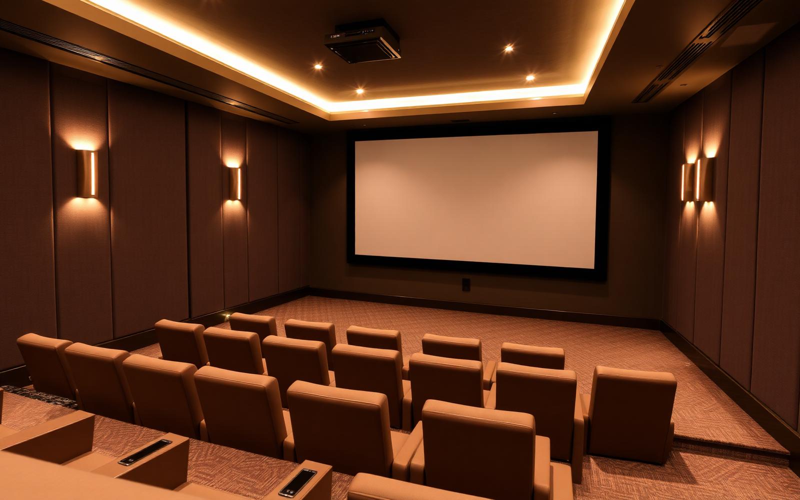 A dedicated home theater room with tiered leather seating, acoustic fabric walls, and a large projection screen