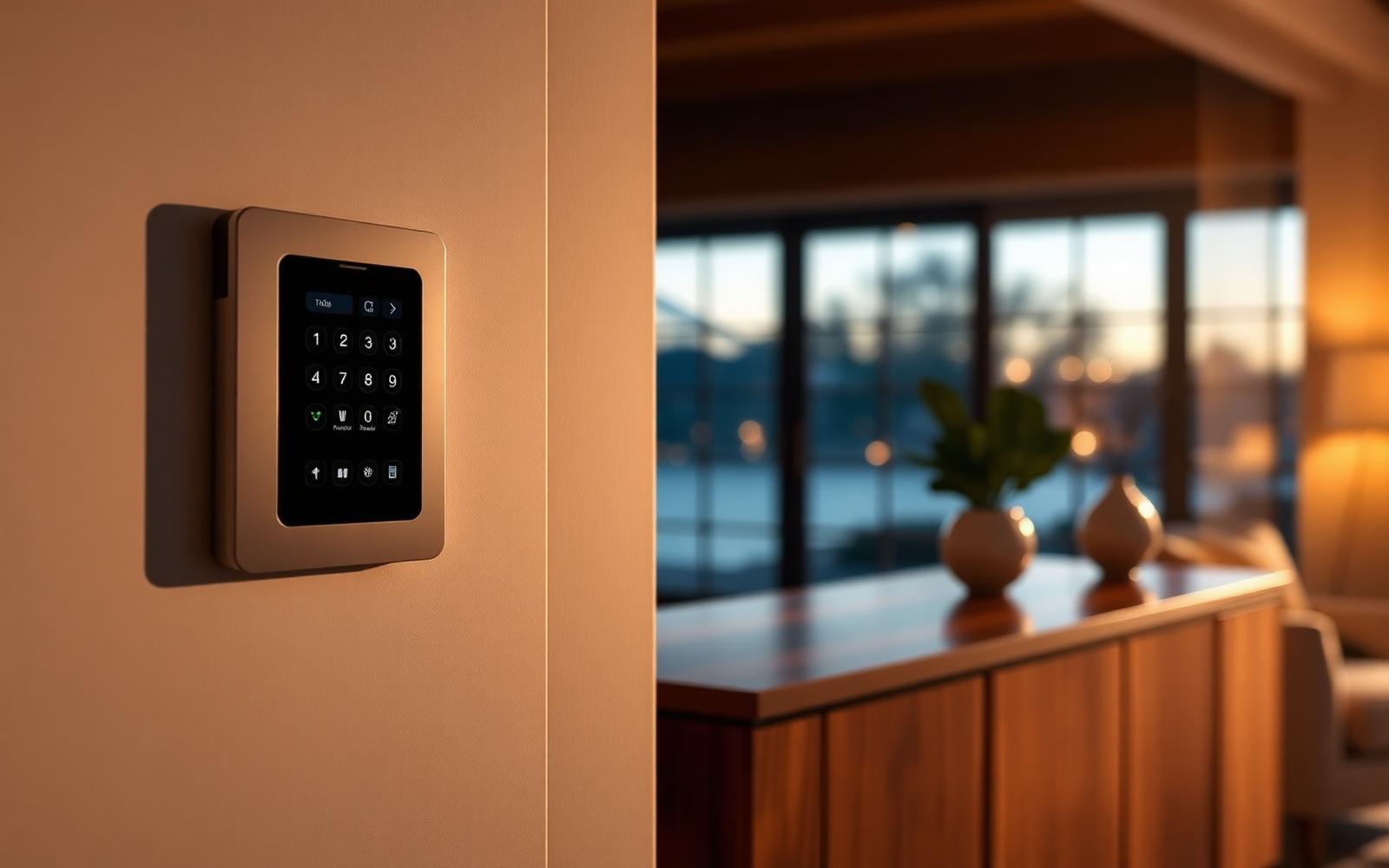 A smart home control keypad and touchscreen mounted beside a walnut console in warm evening light