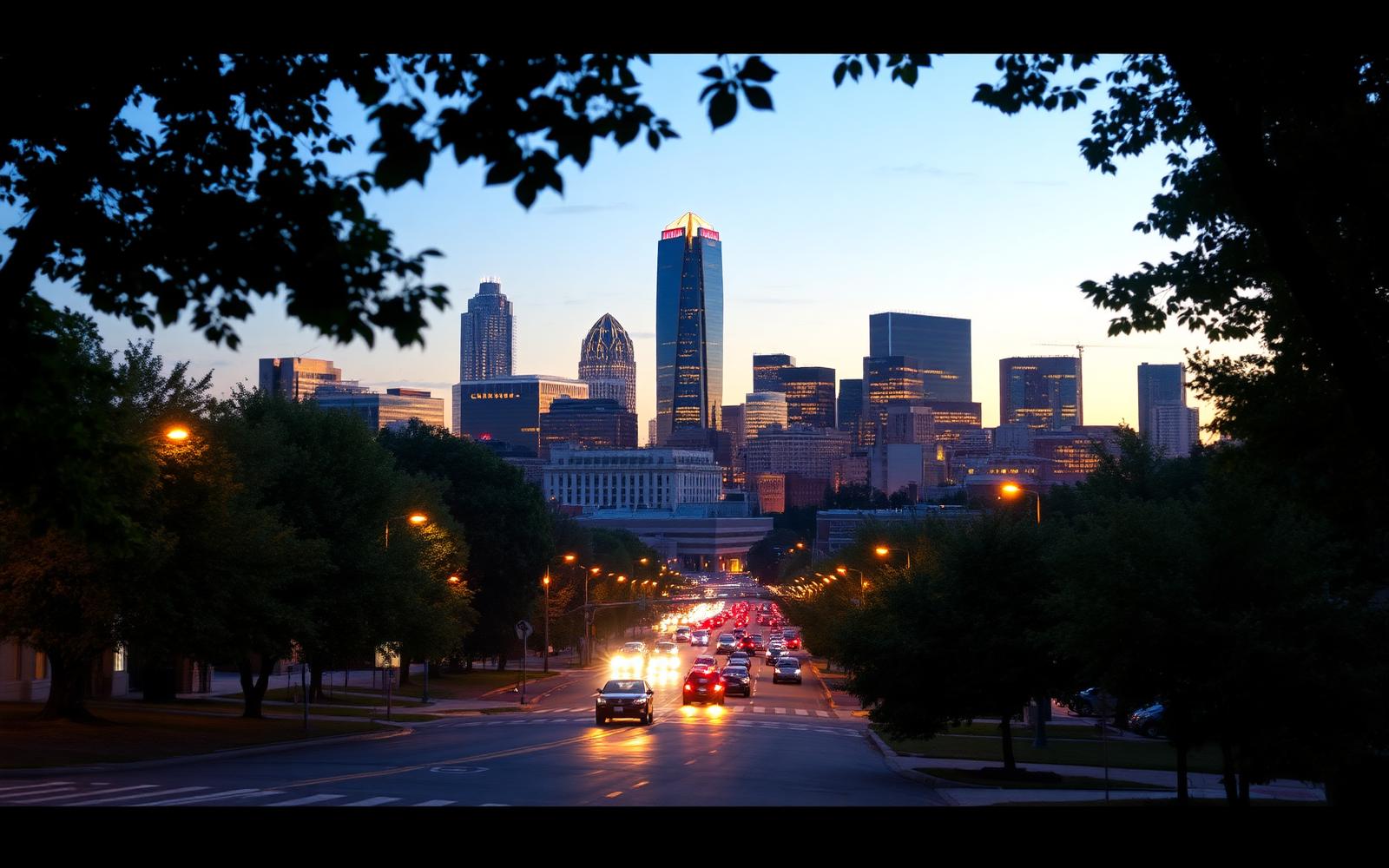 The Charlotte skyline at dusk seen from a leafy south Charlotte street