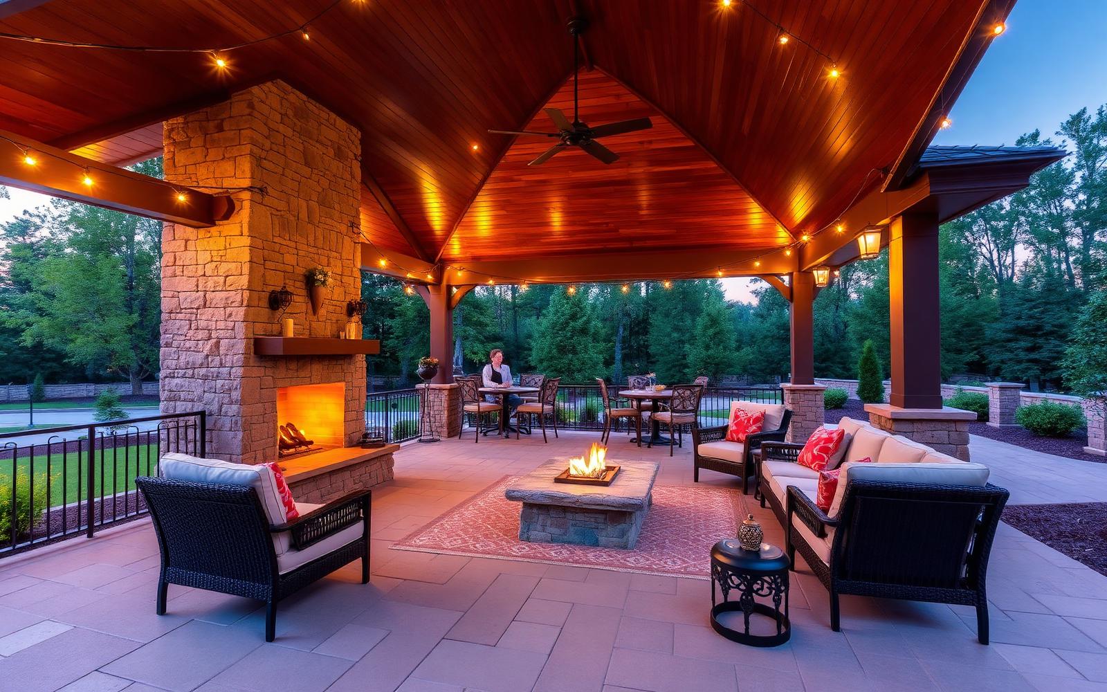 A covered outdoor living terrace with stone fireplace, cedar ceiling, and string lights at twilight