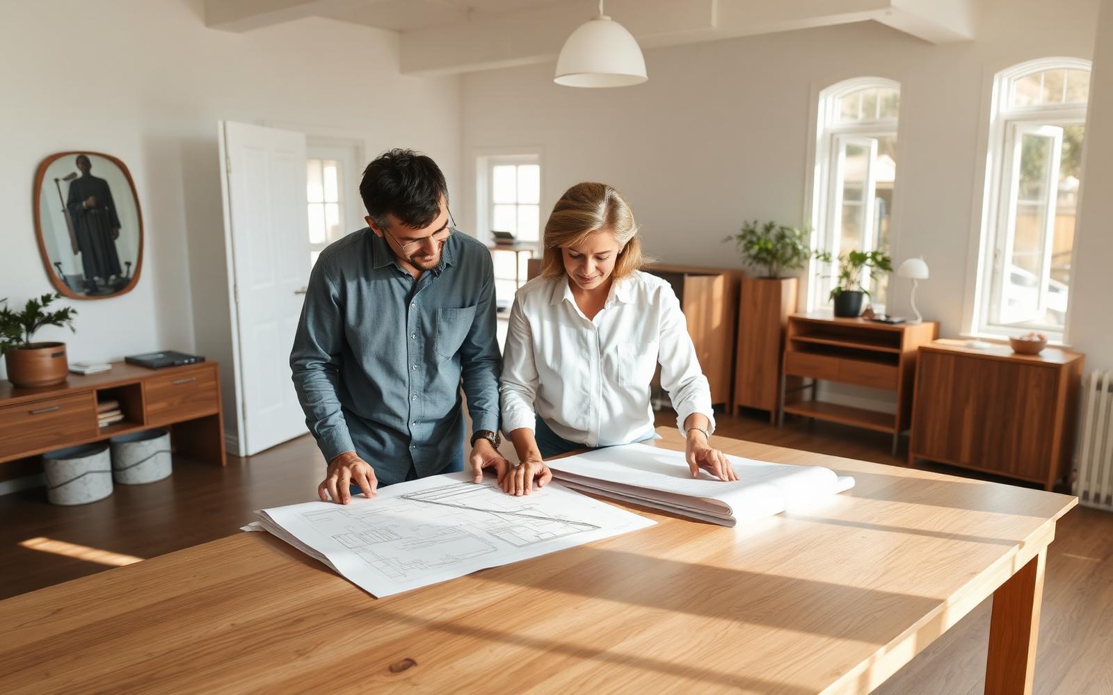 An architect and homeowner reviewing blueprints and material samples on a large table in a bright studio